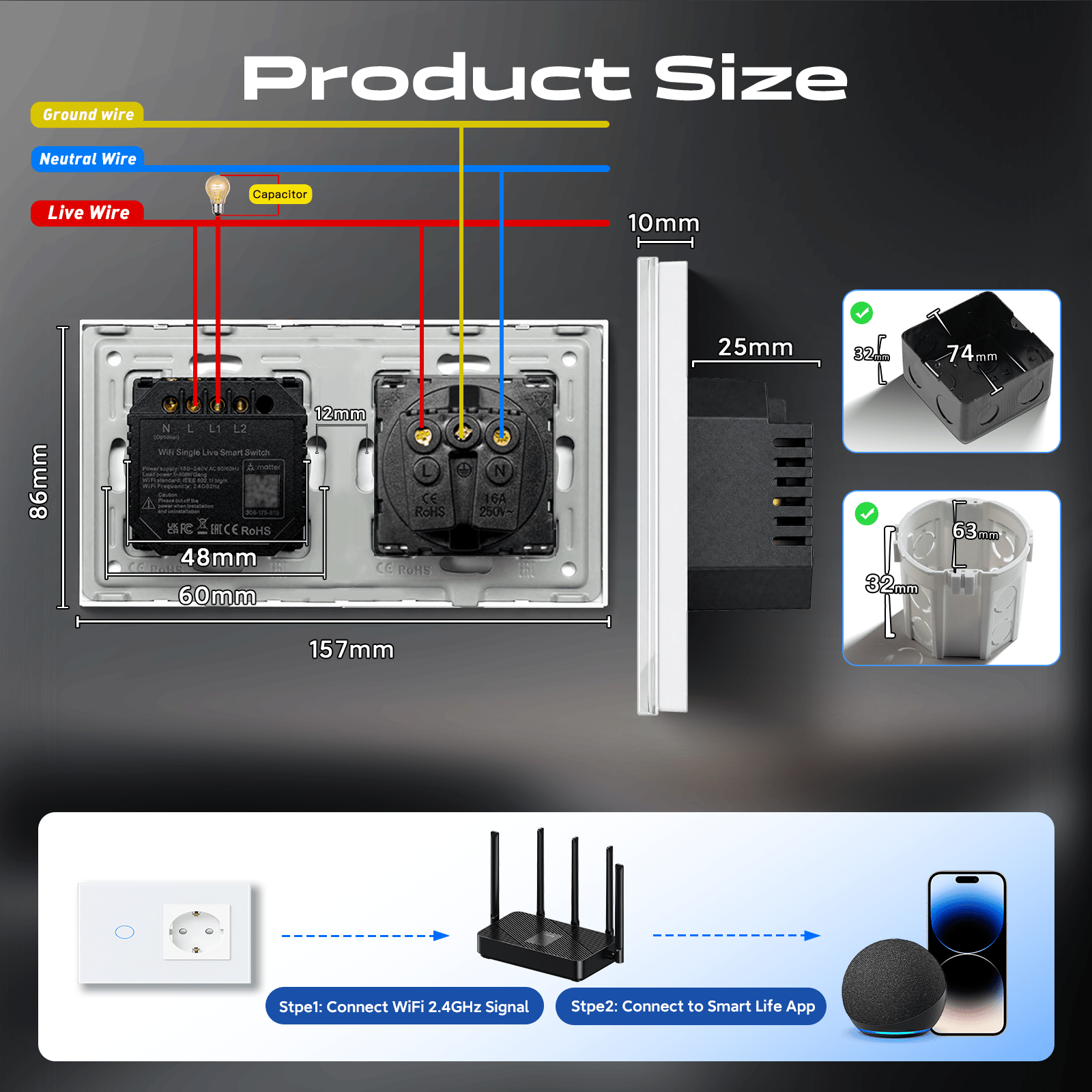 Bseed Smart Matter Wifi Light Switch with Eu Socket Electrical Wall Light switches Socket