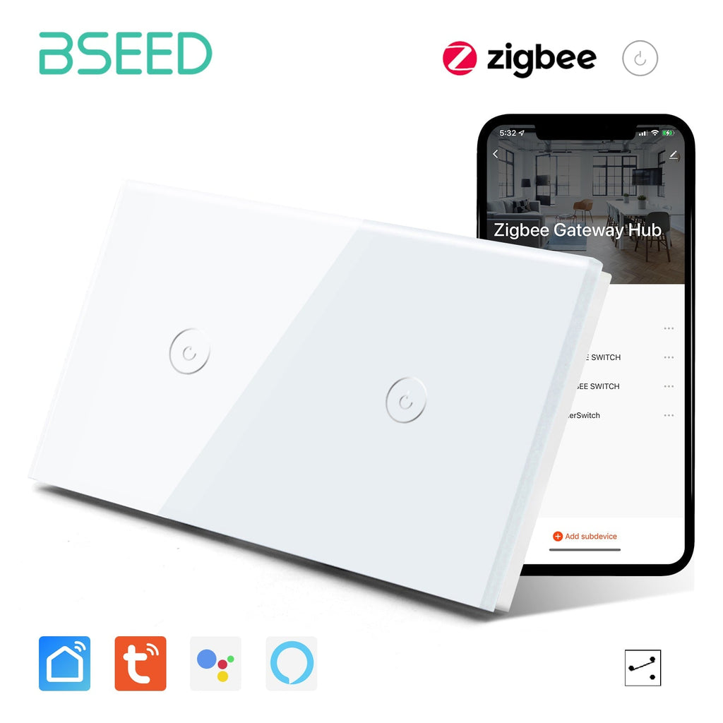 Bseed New Panel Double 1/2/3 Gang 1/2/3 Way Smart ZigBee Switch Light Switches Bseedswitch White 1Gang + 1Gang 