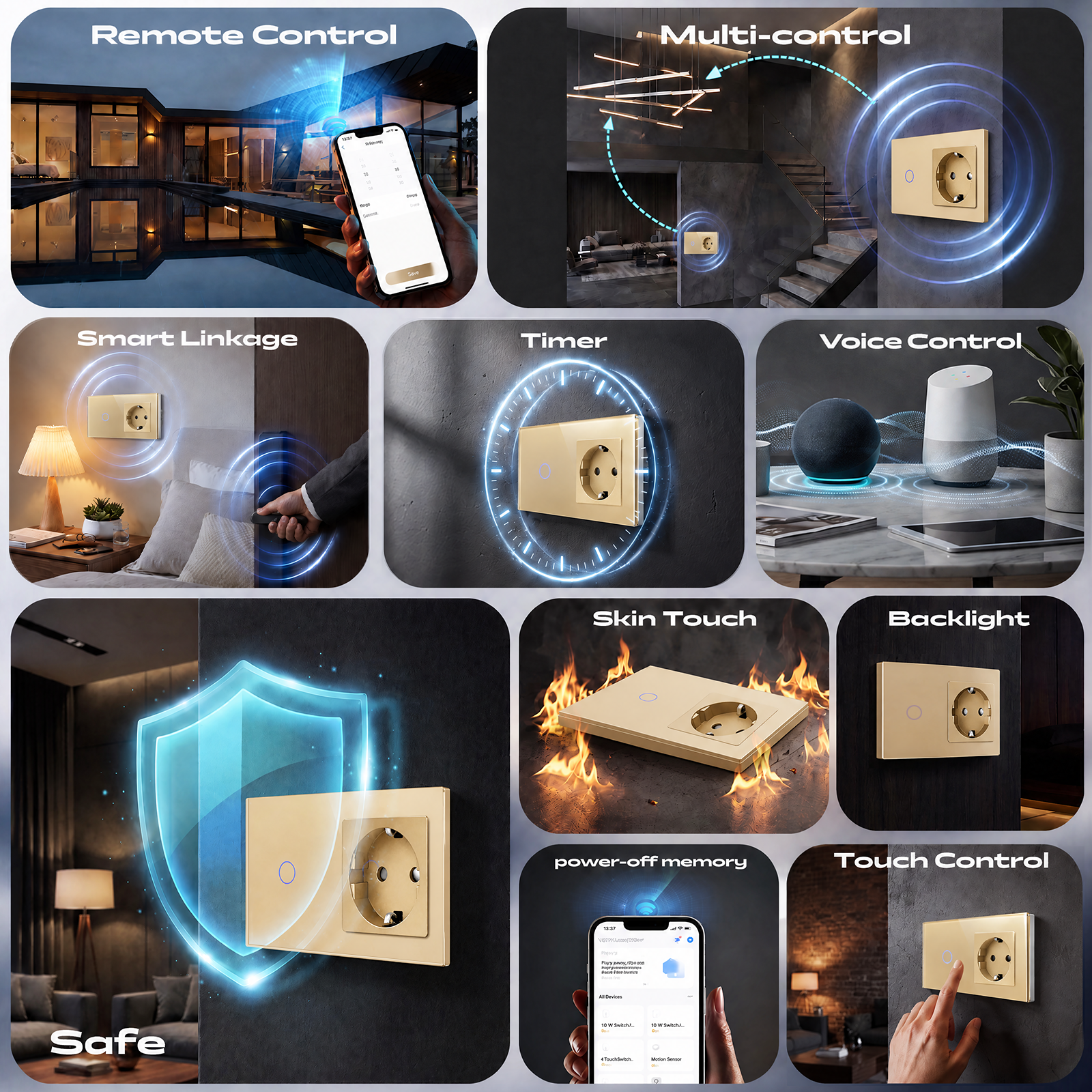 Bseed Smart Matter Wifi Light Switch with Eu Socket Electrical Wall Light switches Socket