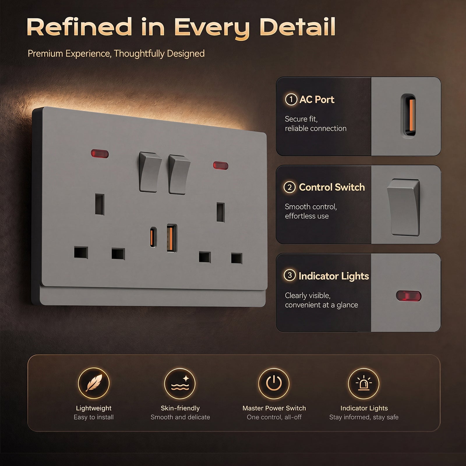 BSEED G16 Series UK Standard 13A Socket with 18W USB-C Port Power Outlets & Sockets Bseedswitch 
