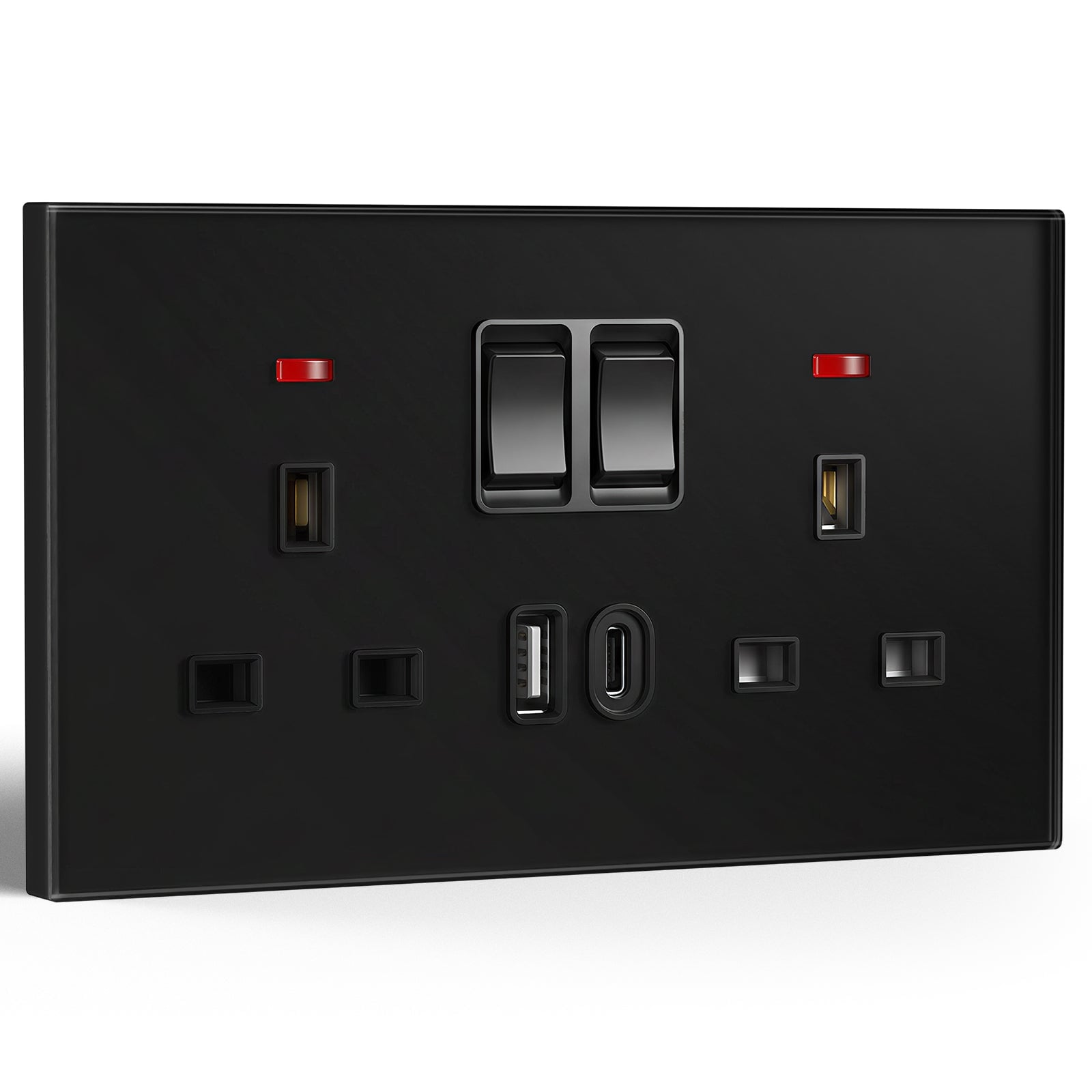 Tomada dupla BSEED Série C6 padrão Reino Unido 13A com porta USB-C, tomadas elétricas, Bseedswitch, cor preta, 1 unidade/embalagem