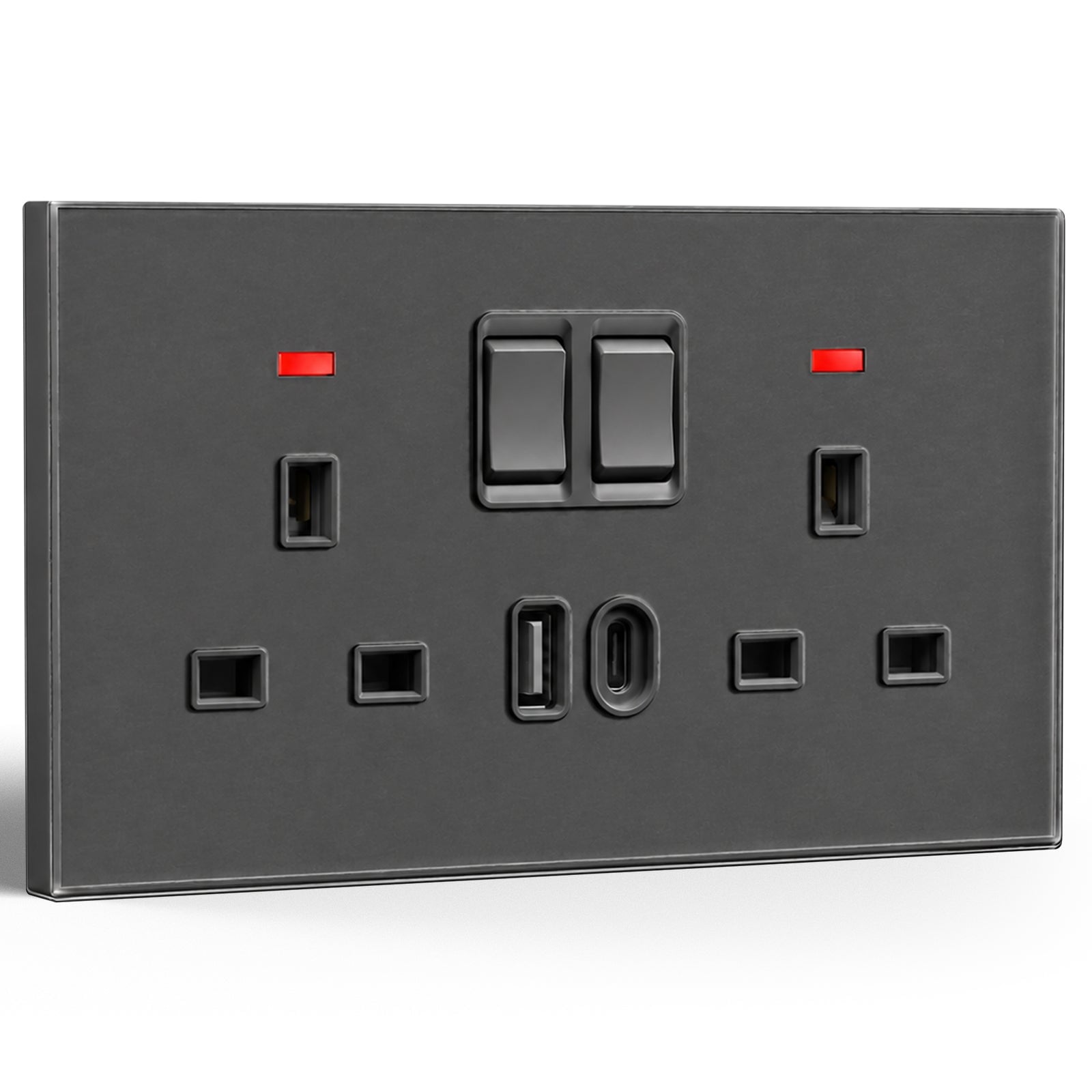 Tomada dupla BSEED Série C6 padrão Reino Unido 13A com porta USB-C, tomadas e interruptores, cinzento, 1 unidade/embalagem