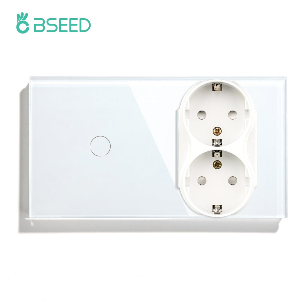 Bseed 1/2/3 Gang 1/2/3 Way Touch Light Switch with Double Eu Socket 300W Wall Plates & Covers Bseedswitch White 1 Gang 1 Way