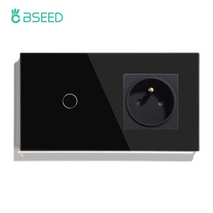 Bseed Touch Light Switch with FR Socket 300W E Type Plug Socket Wall Plates & Covers Bseedswitch Black 1 Gang 1 Way