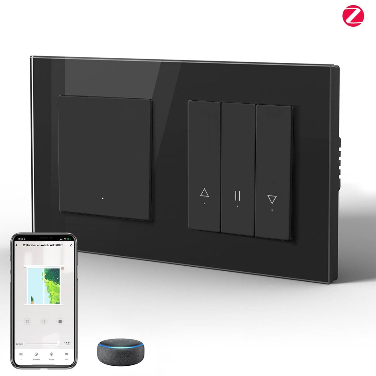 BSEED Smart Zigbee light switch avec interrupteur pour volet roulant (avec neutre), hub requis, compatible Tuya et Alexa. Interrupteur noir 1 Gang + interrupteur pour volet. 