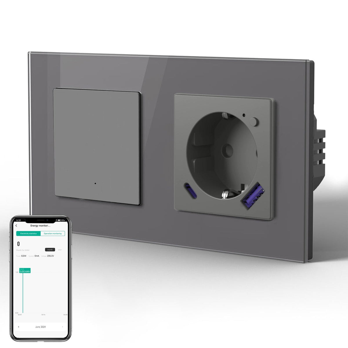 Echo Series Smart Wifi Switch With Wifi EU Socket Support energy monitoring with 20W usb type-c port 157mm Power Outlets & Sockets Bseedswitch Grey 1Gang 