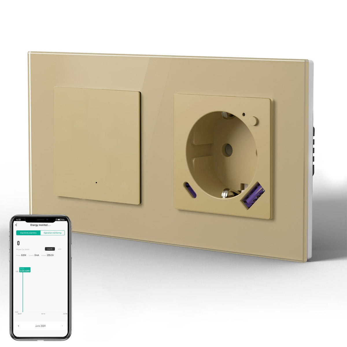 Echo Series Smart Wifi Switch With Wifi EU Socket Support energy monitoring with 20W usb type-c port 157mm Power Outlets & Sockets Bseedswitch Gold 1Gang 