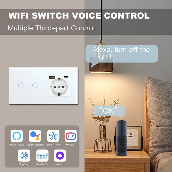 BSEED Smart Touch Switches 1/2/3Gang Wifi Light Switch Plus EU Wall USB Socket Type-c Smart Life Google Alexa App Control Light Switches Bseedswitch 