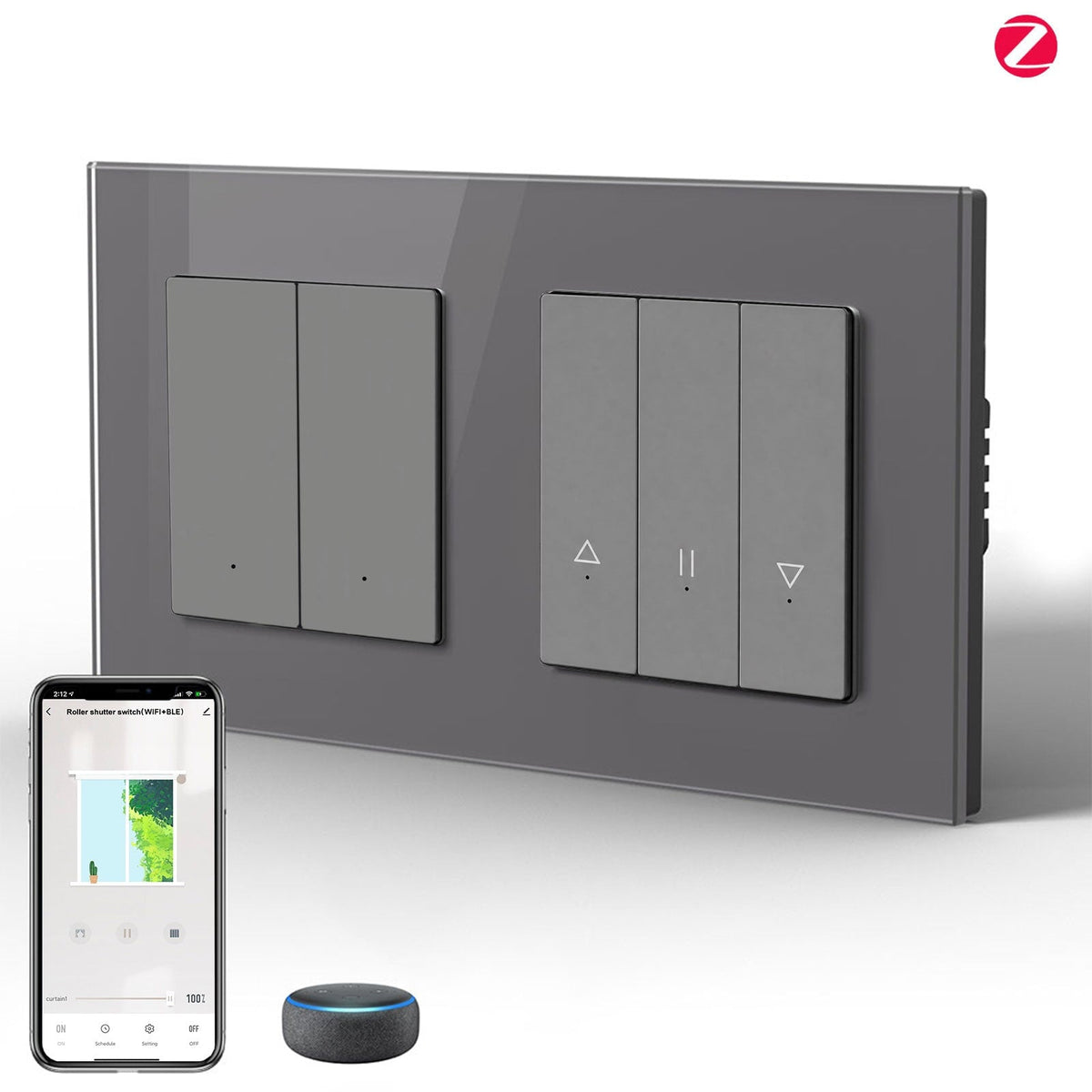 BSEED Smart Zigbee light switch avec interrupteur pour volet roulant (avec neutre), hub requis, compatible Tuya et Alexa, interrupteur gris 2 Gang + interrupteur pour volet. 