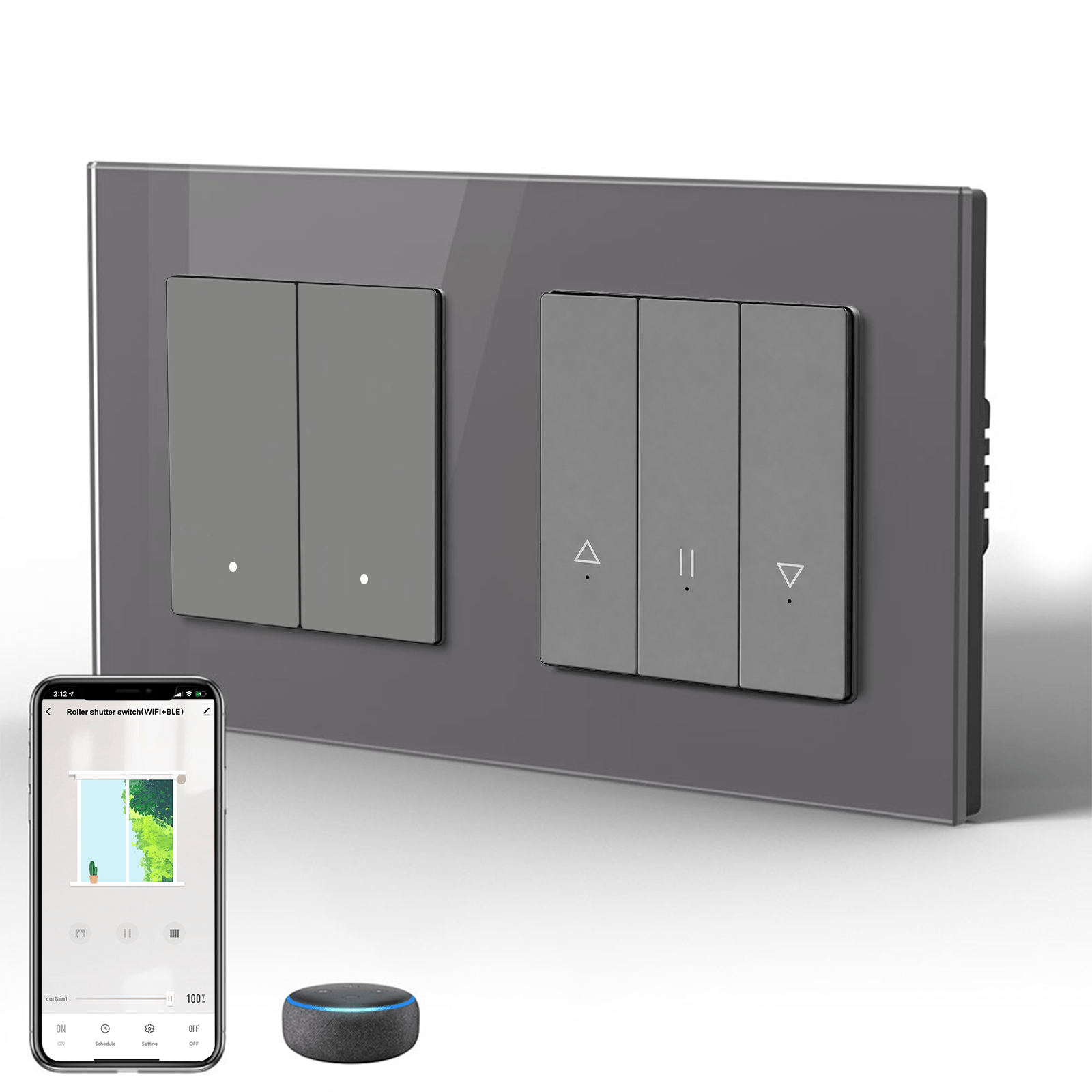 Bseed Echo Smart Wifi Light Switch With Wifi Roller Shutter Switch Work with Tuya Alex Google Assistant Blind Switch Home Automation Kits Bseedswitch Grey 2 Gang + Blind Switch 
