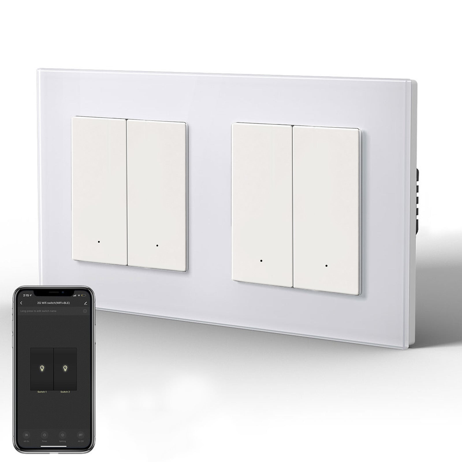 BSEED Smarter WLAN Lichtschalter Doppel-Lichtschalter (mit Neutralleiter) Lichtschalter Bseedswitch Weiß 2 Fach 