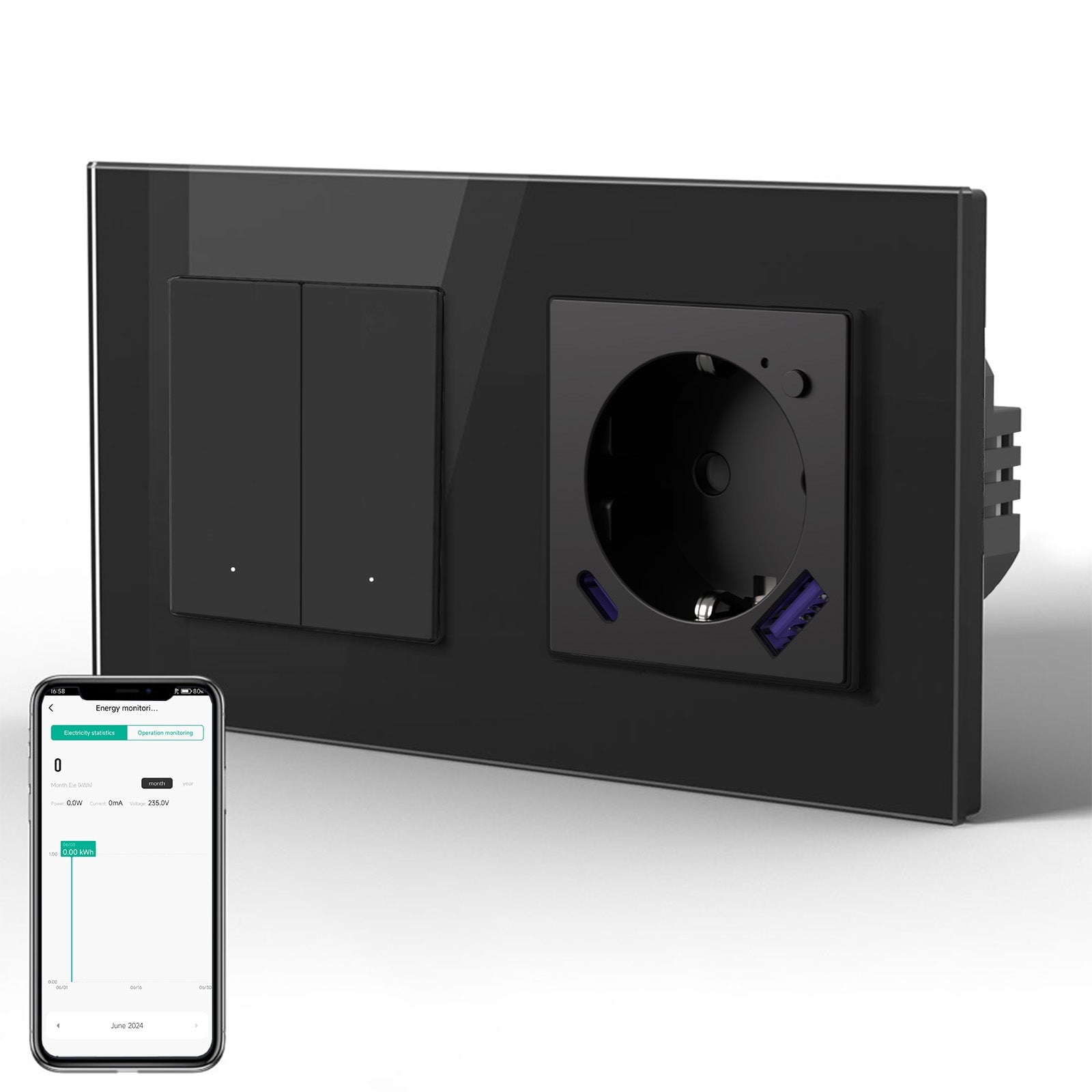 Echo Series slimme wifi-schakelaar met wifi EU-stopcontact, ondersteunt energiemonitoring, met 20W USB-C-poort, 157mm stopcontacten, Bseedswitch zwart 2Gang 