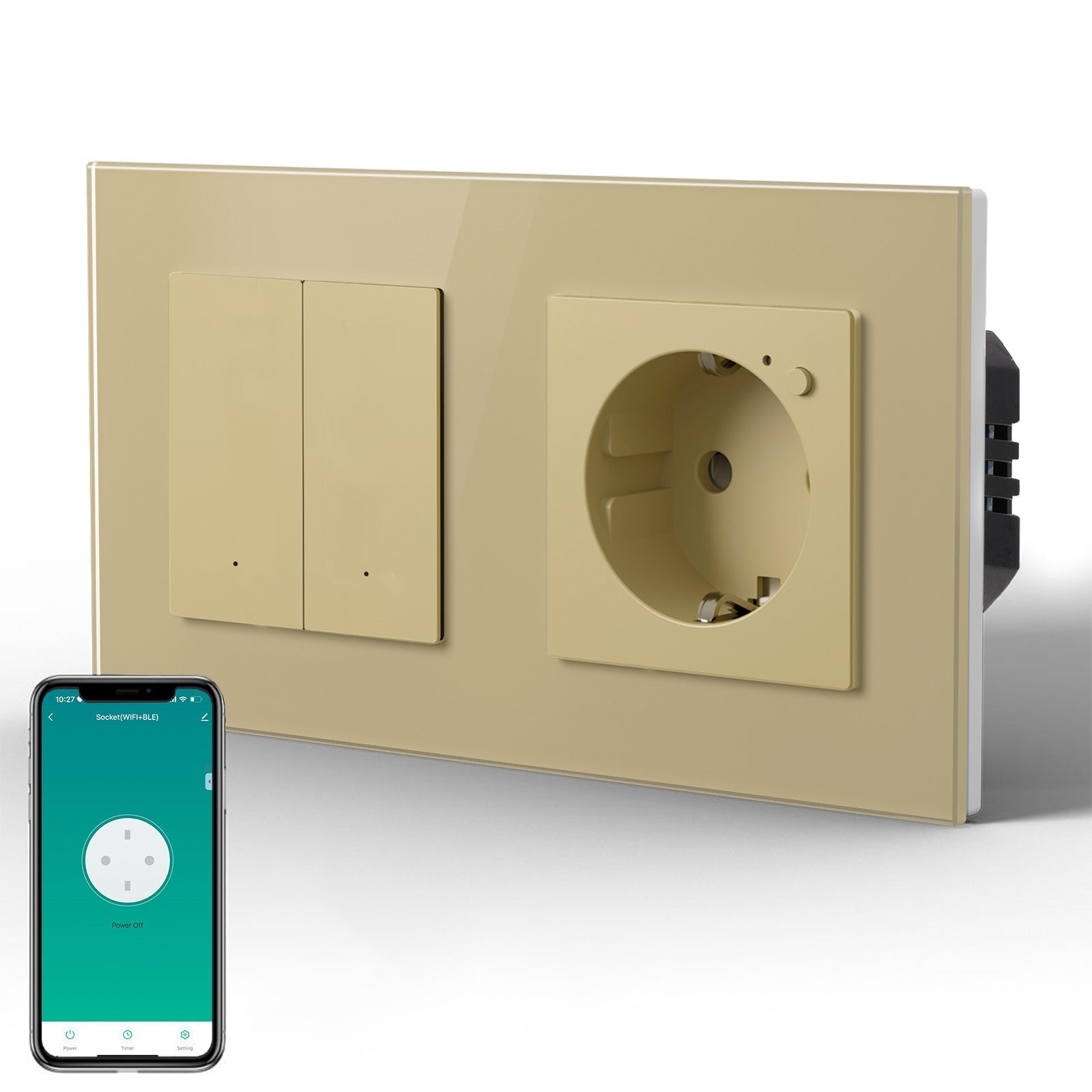 Echo Serie Smart WLAN Lichtschalter mit Smart WLAN EU Einzelsteckdose 157 mm, Neutralleiter erforderlich, Steckdosen & Schalter, Bseedswitch Gold 2 Fach 