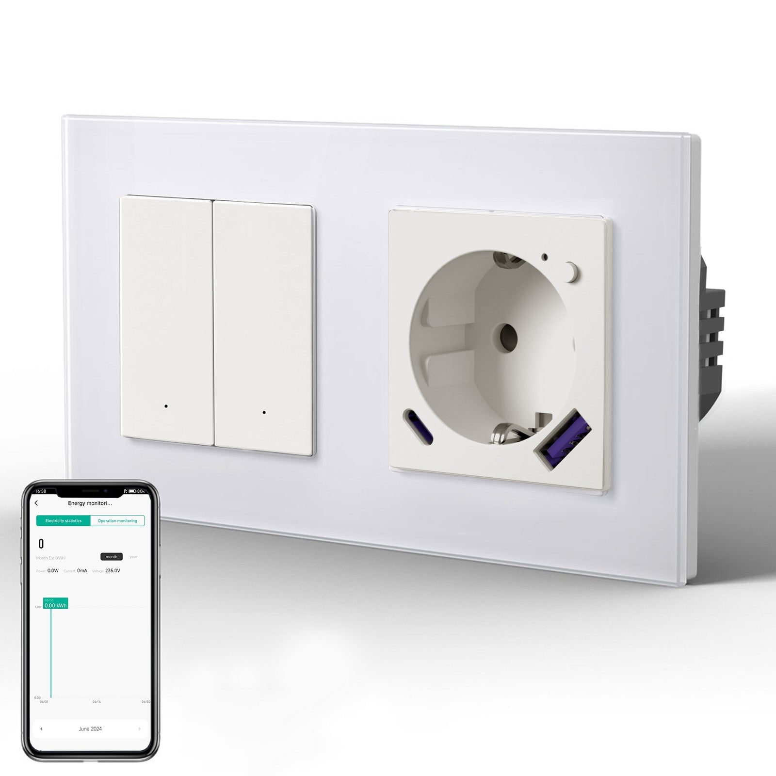 Echo Series slimme wifi-schakelaar met wifi EU-stopcontact, ondersteunt energiemonitoring, met 20W USB-C-poort, 157mm stopcontacten, Bseed-schakelaar wit 2Gang 