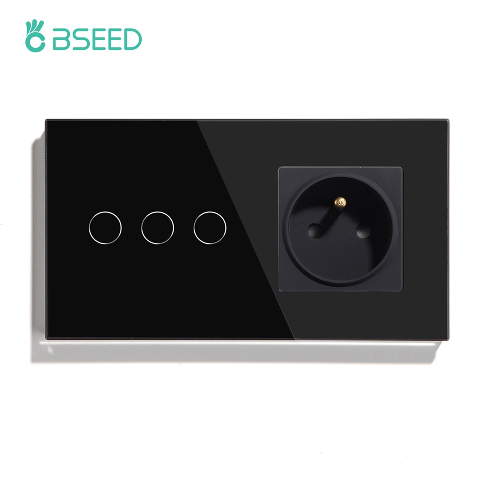 Bseed Touch Light Switch with FR Socket 300W E Type Plug Socket Wall Plates & Covers Bseedswitch Black 3 Gang 1 Way