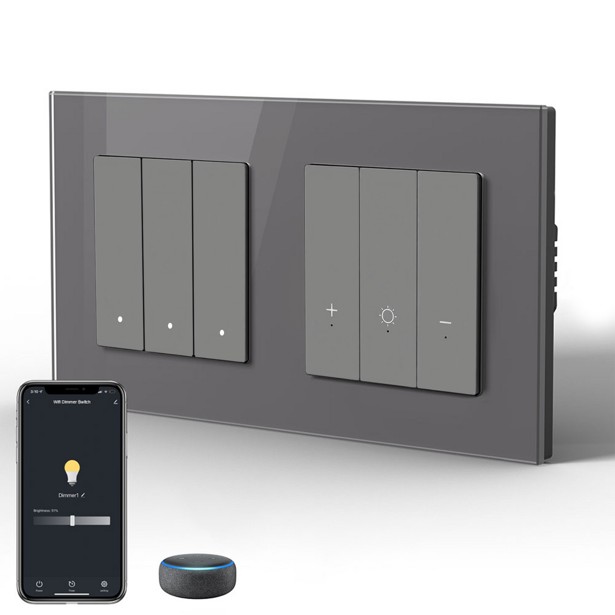 Bseed Echo Slimme Wifi light switch met Dimmer, Werkt met Alexa en Google Assistent
