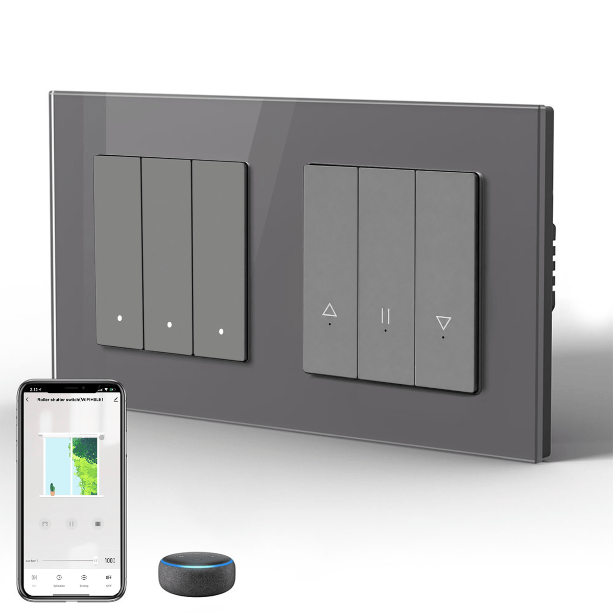 Bseed Echo Smart Wifi Light Switch With Wifi Roller Shutter Switch Work with Tuya Alex Google Assistant Blind Switch Home Automation Kits Bseedswitch Grey 3 Gang + Blind Switch 