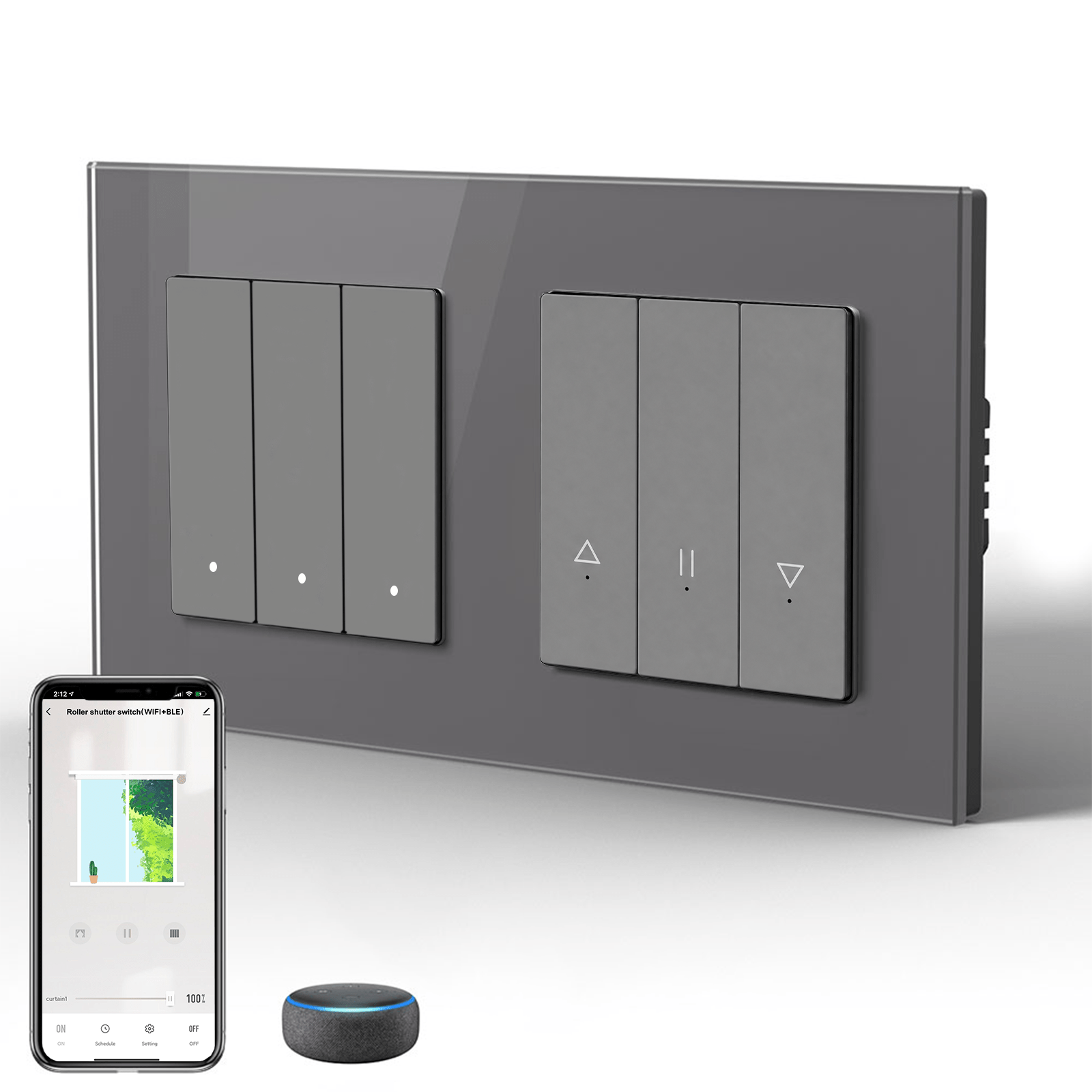 Bseed Echo Smart Wifi Light Switch With Wifi Roller Shutter Switch Work with Tuya Alex Google Assistant Blind Switch Home Automation Kits Bseedswitch Grey 3 Gang + Blind Switch 