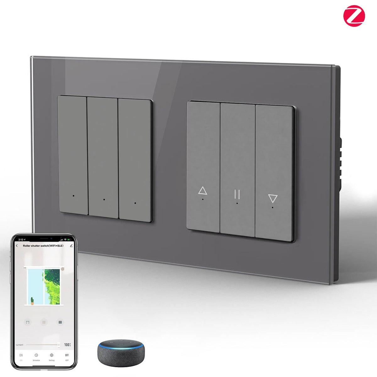 BSEED Smart Zigbee light switch avec interrupteur pour volet roulant (avec neutre), hub requis, compatible Tuya et Alexa, interrupteur gris 3 Gang + interrupteur pour volet 