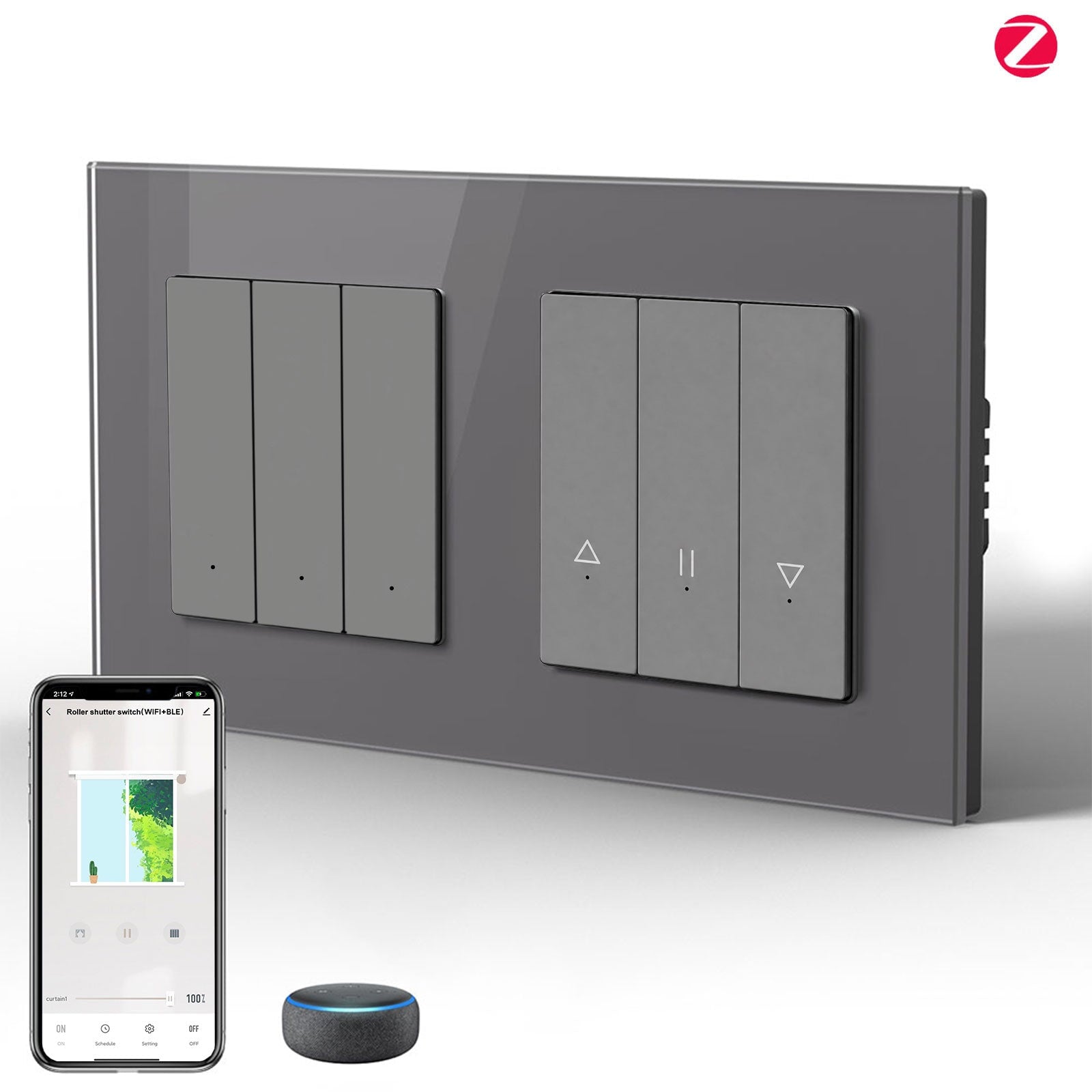 BSEED Smart Zigbee light switch avec interrupteur pour volet roulant (avec neutre), hub requis, compatible Tuya et Alexa, interrupteur gris 3 Gang + interrupteur pour volet 
