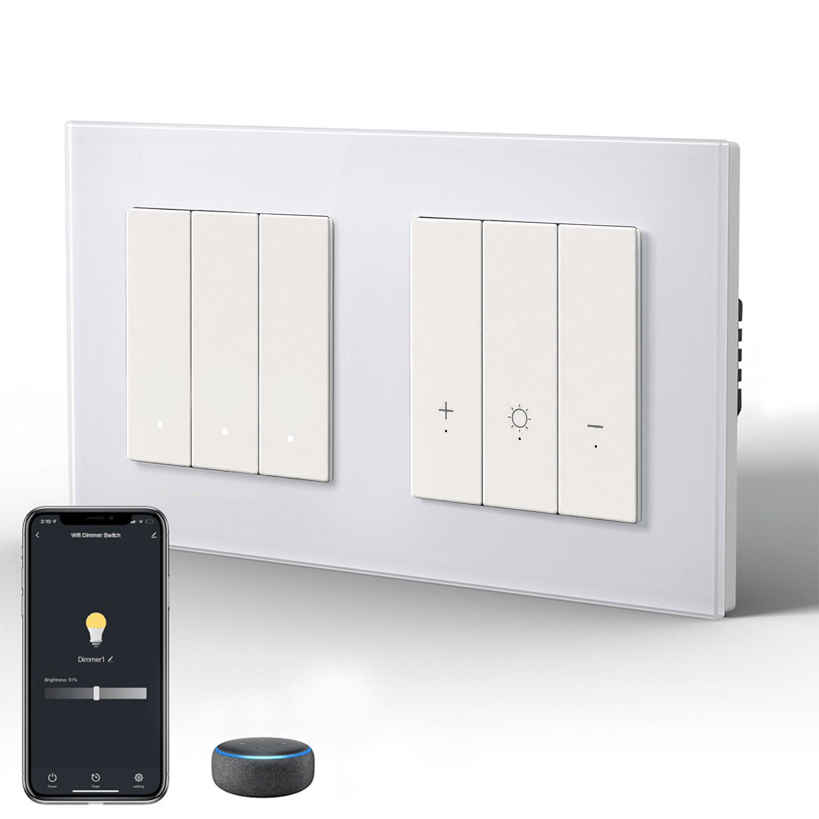Bseed Echo Smart Wifi Light Switch with Dimmer switch Wifi Work With Alex Google Assistant Wall Plates & Covers Bseedswitch White 3 Gang Switch+Dimmer 
