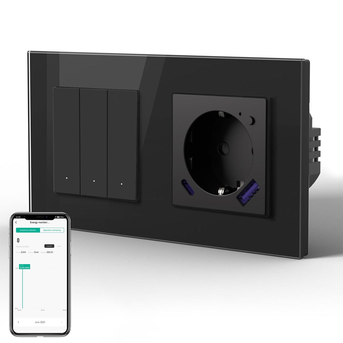 Echo Series Smart Wifi Switch With Wifi EU Socket Support energy monitoring with 20W usb type-c port 157mm Power Outlets & Sockets Bseedswitch Black 3Gang 