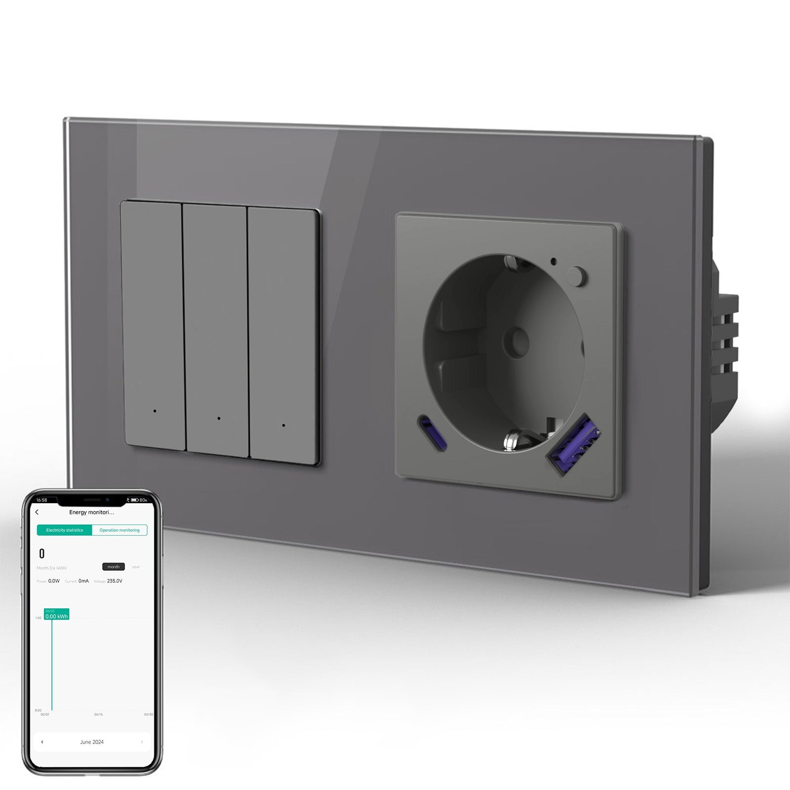 Echo Series slimme wifi-schakelaar met wifi EU-stopcontact, ondersteuning voor energiemonitoring, 20W USB-C-poort, 157mm stopcontacten en schakelaars, Bseedswitch grijs 3Gang 