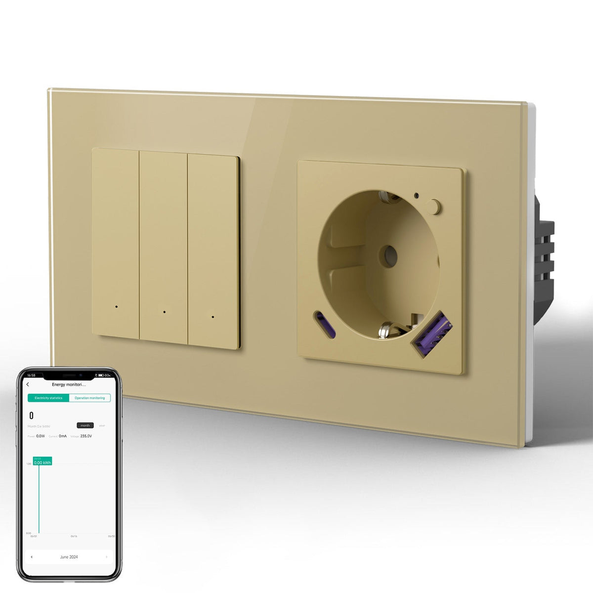 Echo Series Smart Wifi Switch With Wifi EU Socket Support energy monitoring with 20W usb type-c port 157mm Power Outlets & Sockets Bseedswitch Gold 3Gang 