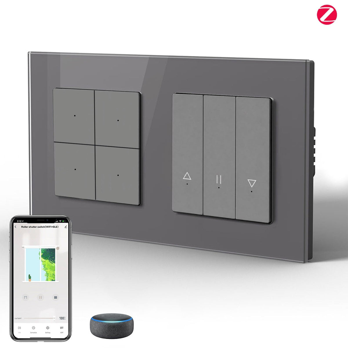 BSEED Smart Zigbee light switch avec interrupteur pour volet roulant (avec neutre), hub requis, compatible Tuya et Alexa, interrupteur gris 4 Gang + interrupteur pour volet 