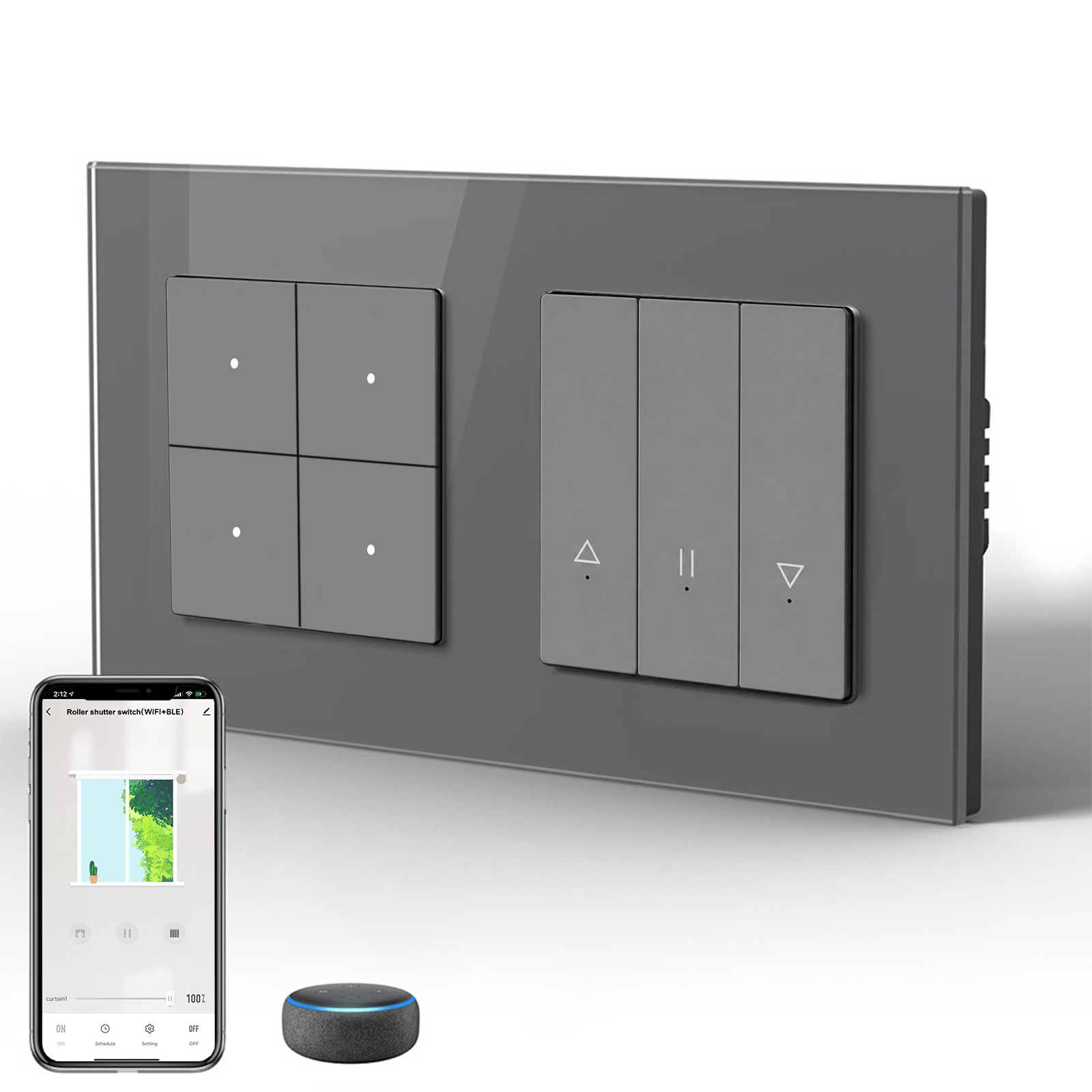 Bseed Echo Smart Wifi Light Switch With Wifi Roller Shutter Switch Work with Tuya Alex Google Assistant Blind Switch Home Automation Kits Bseedswitch Grey 4 Gang + Blind Switch 