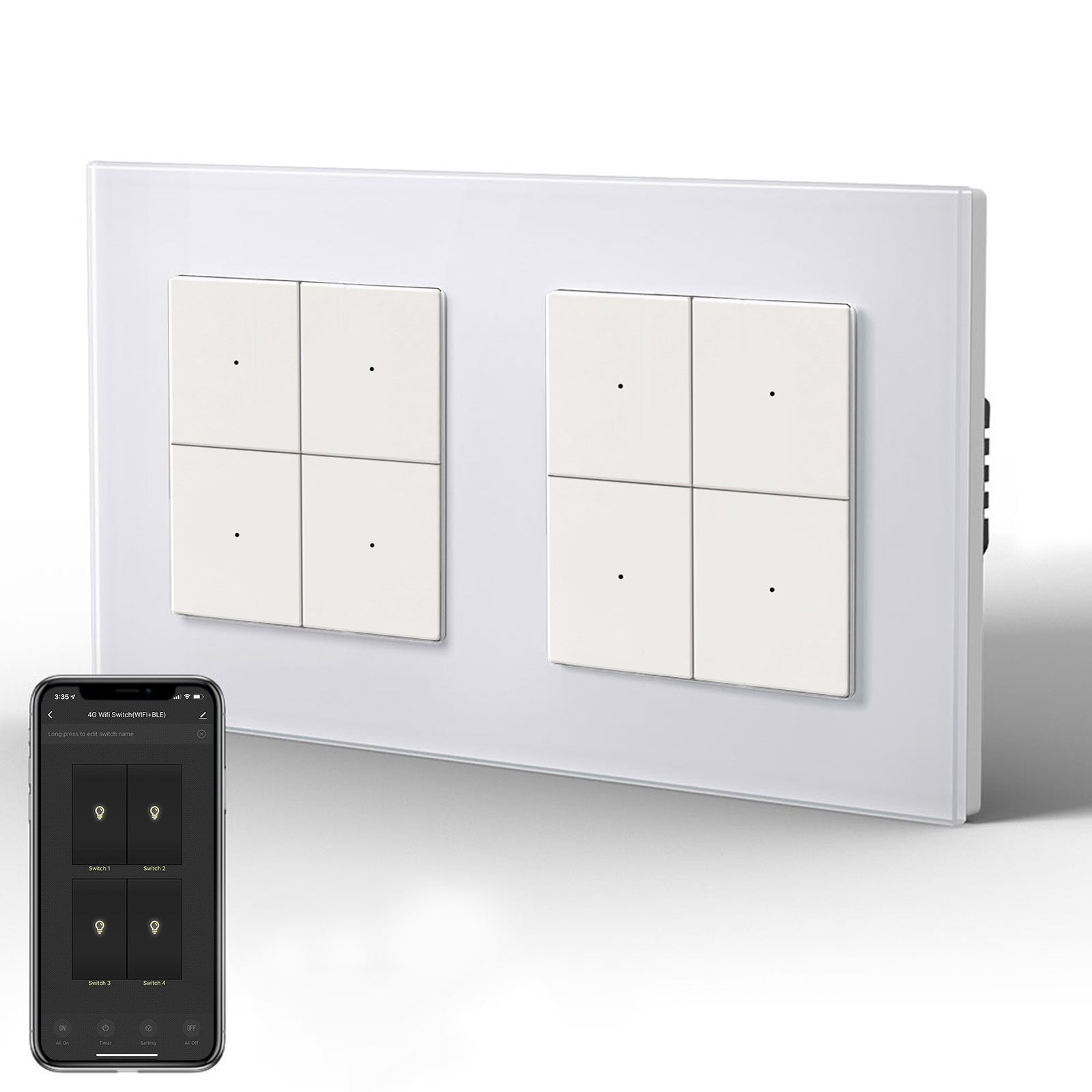 BSEED Smart WLAN Lichtschalter Doppel-Lichtschalter (mit Neutralleiter) Lichtschalter Bseedswitch Weiß 4-fach 