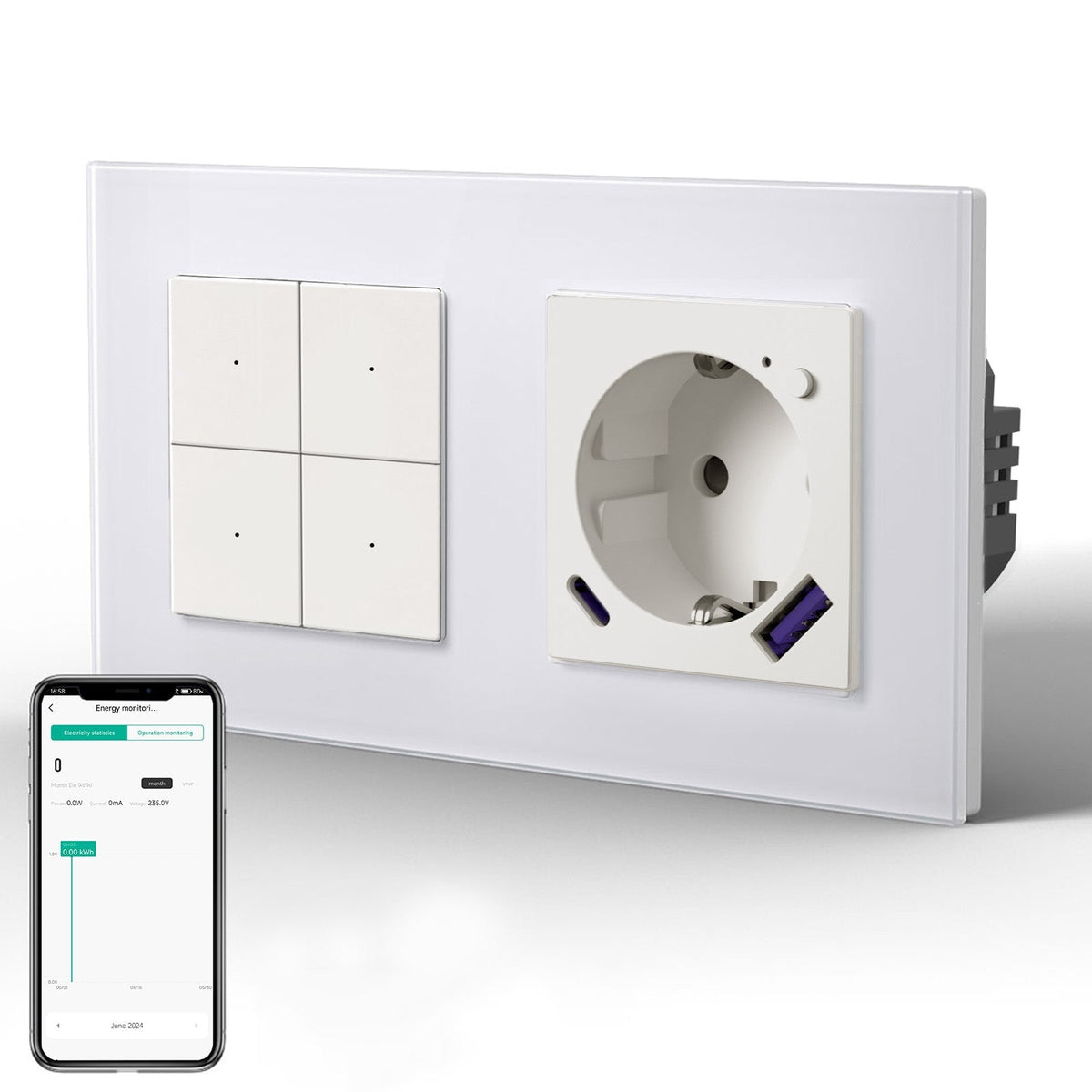 Echo Series Smart Wifi Switch With Wifi EU Socket Support energy monitoring with 20W usb type-c port 157mm Power Outlets & Sockets Bseedswitch White 4Gang 