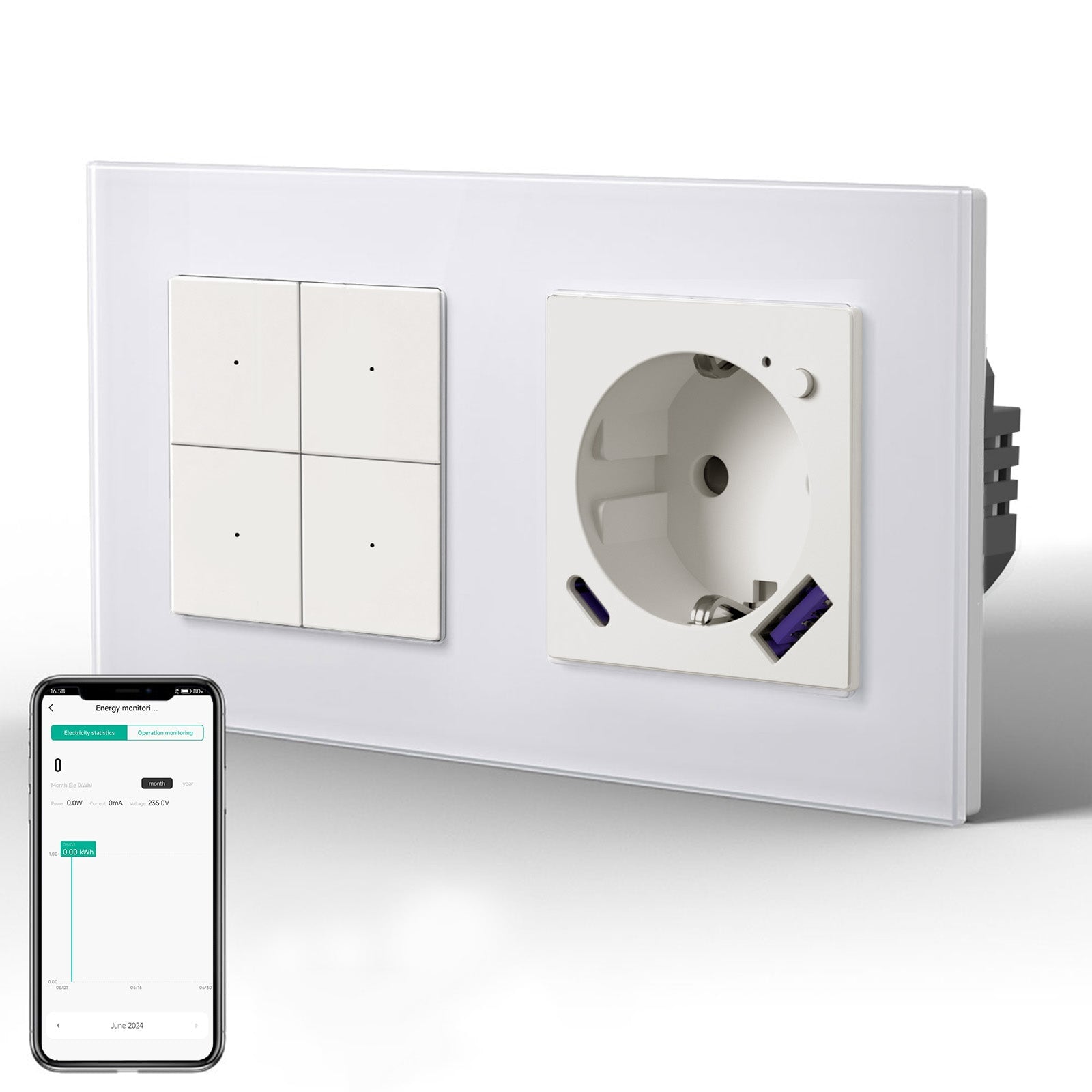 Echo Series slimme wifi-schakelaar met wifi EU-stopcontact, ondersteunt energiemonitoring, met 20W USB type-C-poort, 157 mm stopcontacten, Bseedswitch wit, 4-voudig 