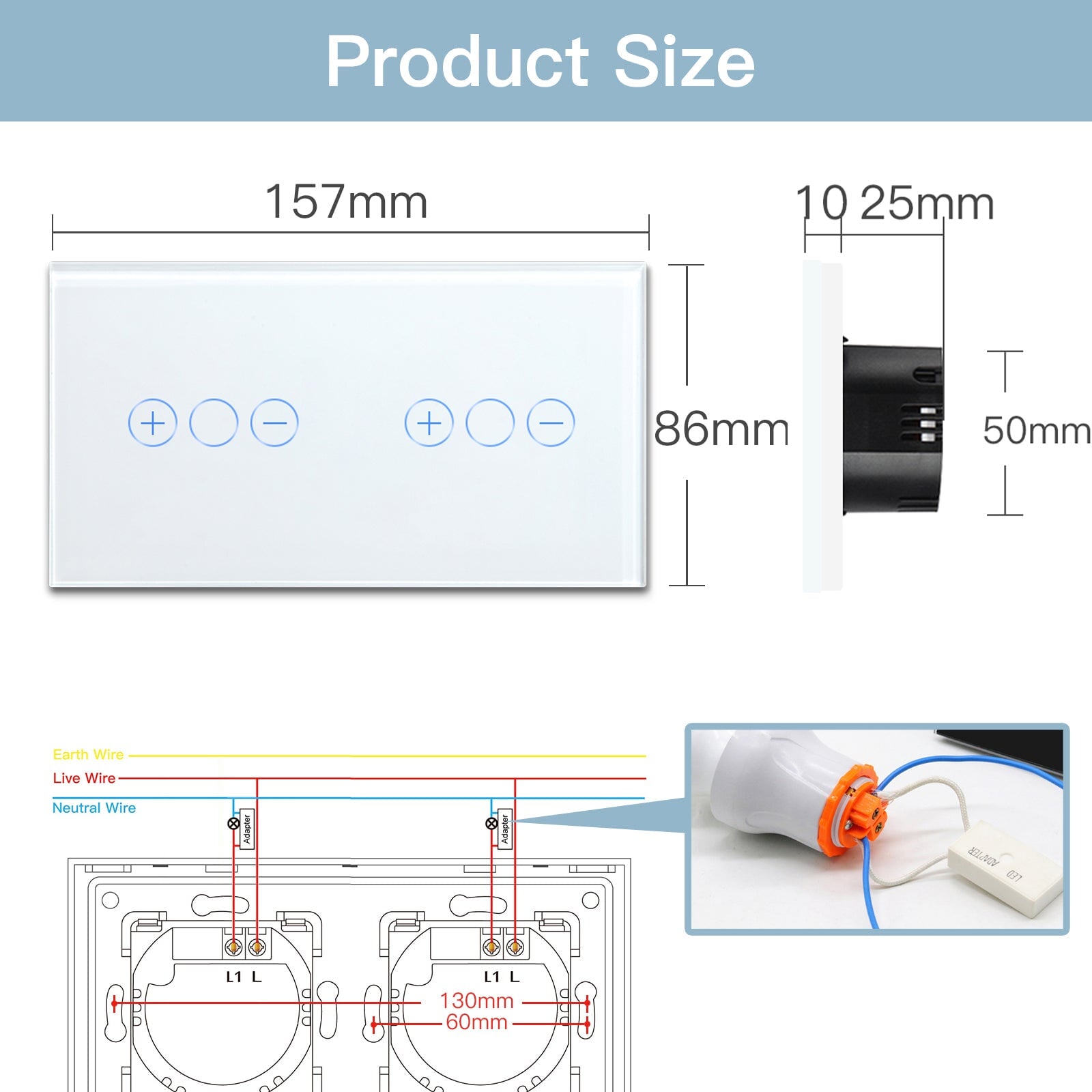 Bseed Double Touch dimmer Switch 1/2/3 Way Dimmer Switch Glass Panel 157mm Light Switches Bseedswitch 