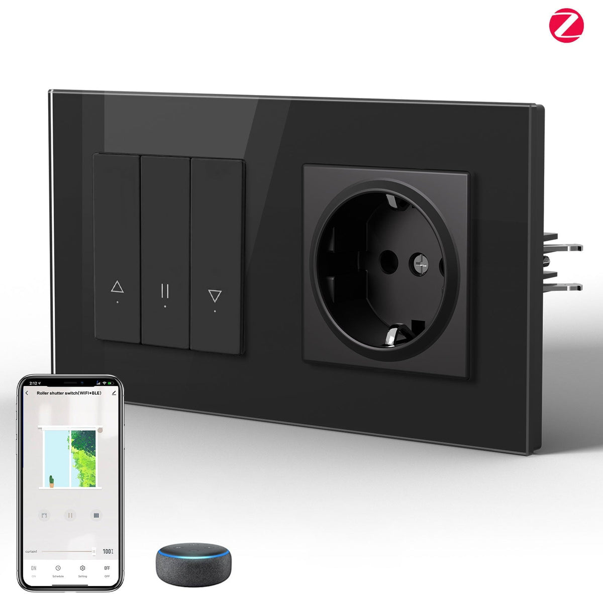 Interrupteur de volet roulant intelligent Zigbee Bseed Echo avec prise type F, interrupteur pour volets, noir 