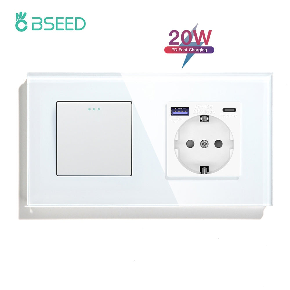 BSEED Mechanical 1/2/3 Gang 1/2Way Touch Light Switch With Normal Eu Socket with FAST charge typcs-c Power Outlets & Sockets Bseedswitch White 1Gang 1Way