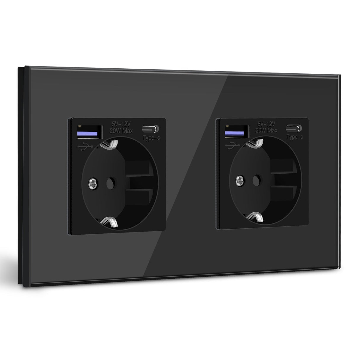 BSEED EU sockets with 20W PD Fast Charge Type-C Interface Outlet Wall Socket Power Outlets & Sockets Bseedswitch Black Glass Panel Double