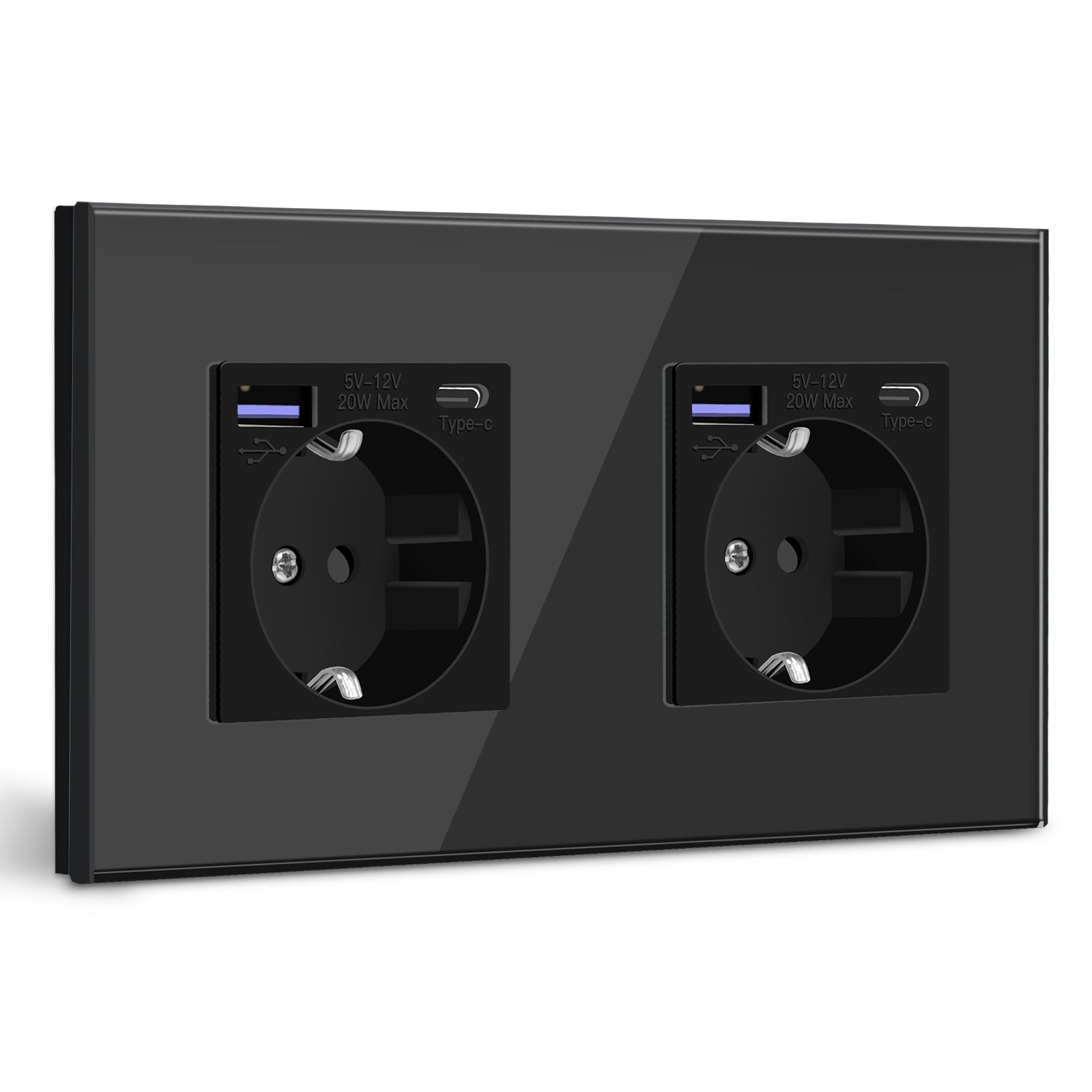 BSEED EU sockets with 20W PD Fast Charge Type-C Interface Outlet Wall Socket Power Outlets & Sockets Bseedswitch Black Glass Panel Double