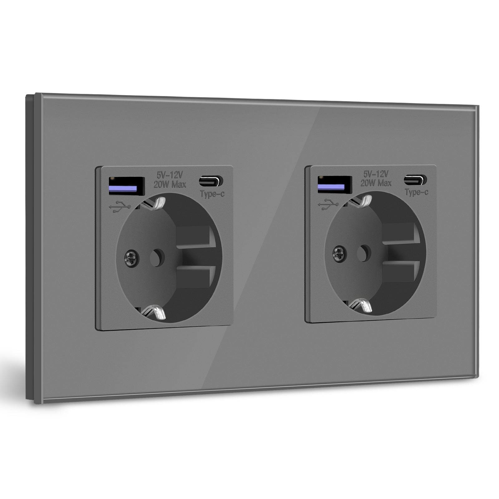 BSEED EU sockets with 20W PD Fast Charge Type-C Interface Outlet Wall Socket Power Outlets & Sockets Bseedswitch Grey Glass Panel Double