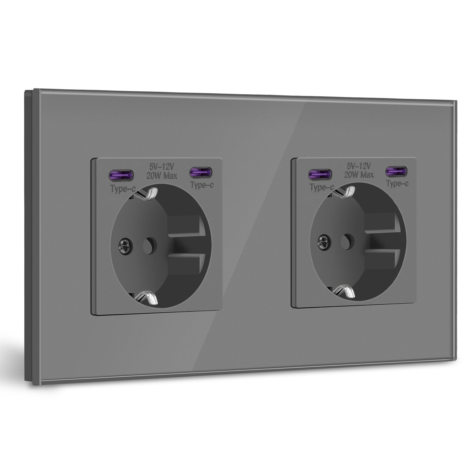 Prise murale BSEED UE avec double interface Type-C 20W, panneau en verre gris, prises et interrupteurs BSEEDswitch