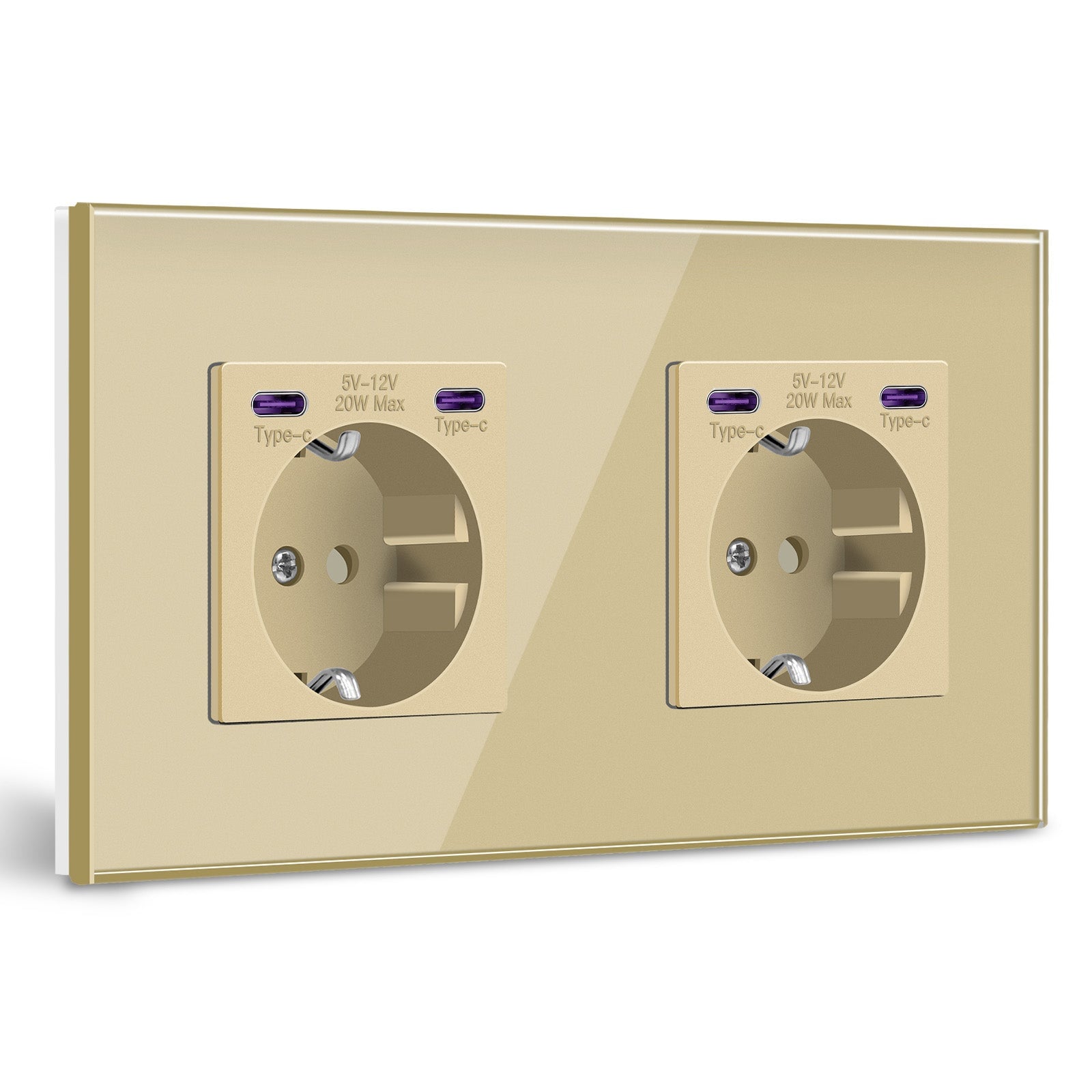 Prise murale BSEED UE avec double interface Type-C 20W, panneau en verre doré, prises et interrupteurs BSEED