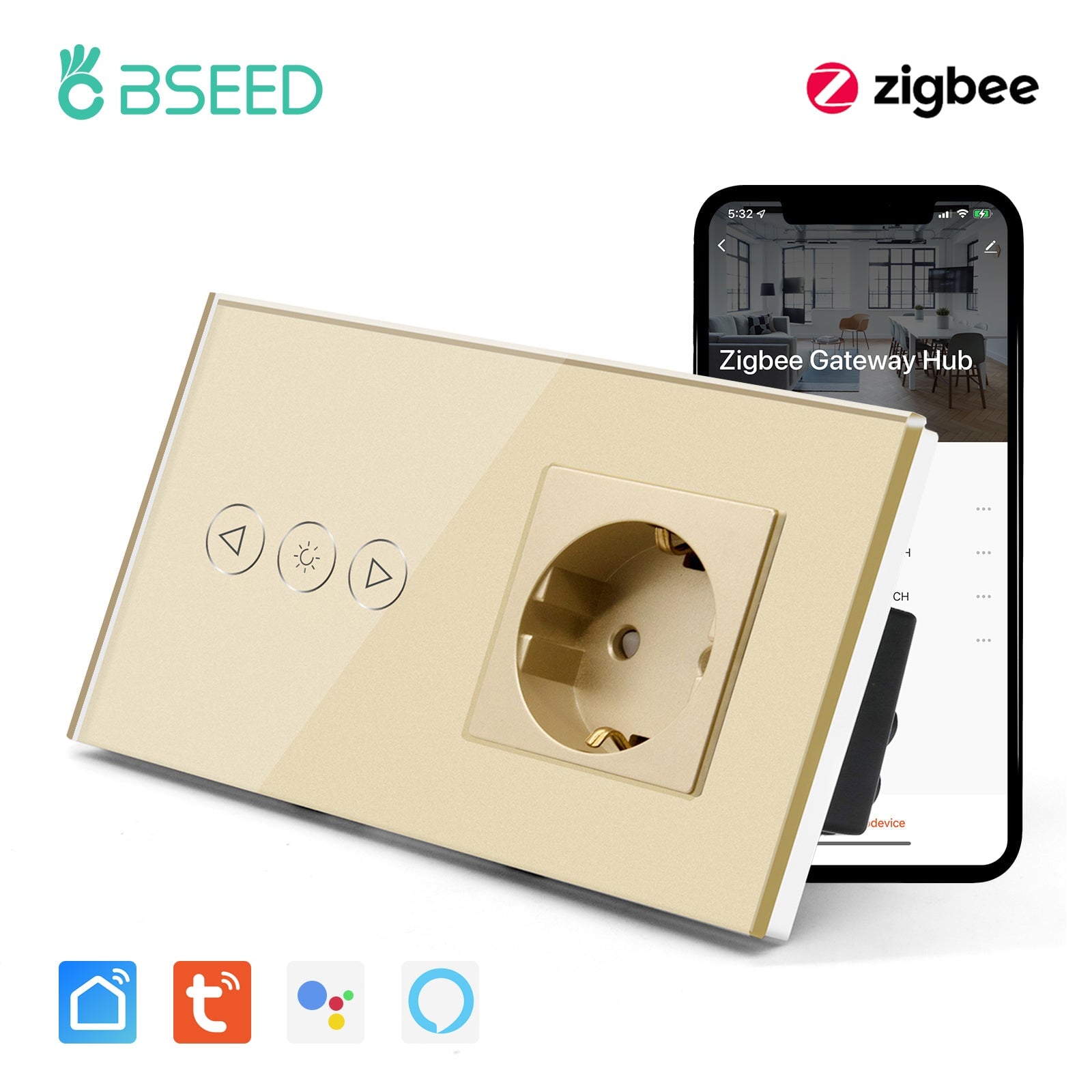 BSEED Zigbee Dimmer Switch With Zigbee Socket Glass Panel Bseedswitch