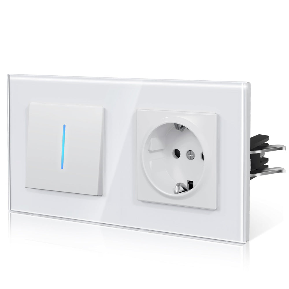 Bseed Echo Double Light Switch Glass Panel With Clamping technology with with Europe Socket Light Switches Bseedswitch White 1 Gang 1 Way + Socket 