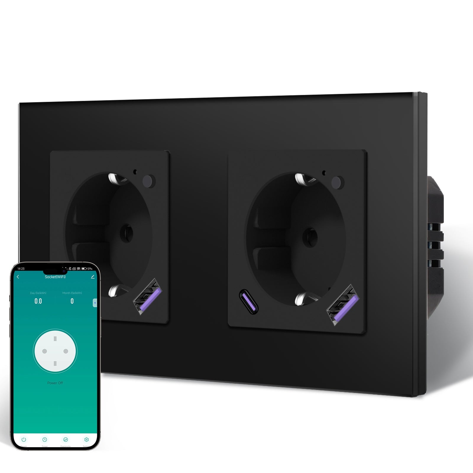 BSEED Echo Wifi Eu Standards Socket with Energy Monitoring Smart wifi Electric Socket Work with Alexa Google Assitant socket Bseedswitch Black Double 