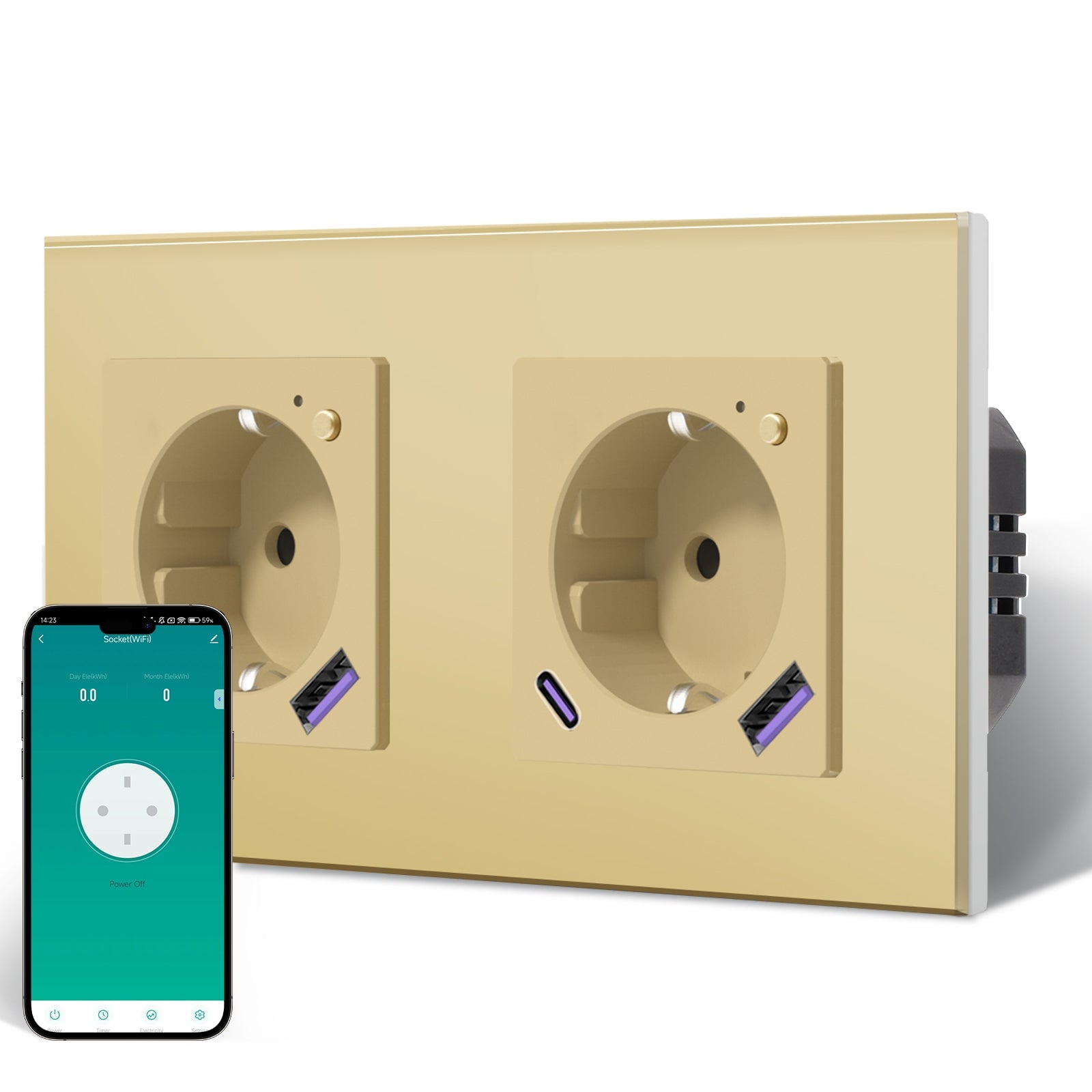 BSEED Echo Wifi Eu Standards Socket with Energy Monitoring Smart wifi Electric Socket Work with Alexa Google Assitant socket Bseedswitch Gold Double 