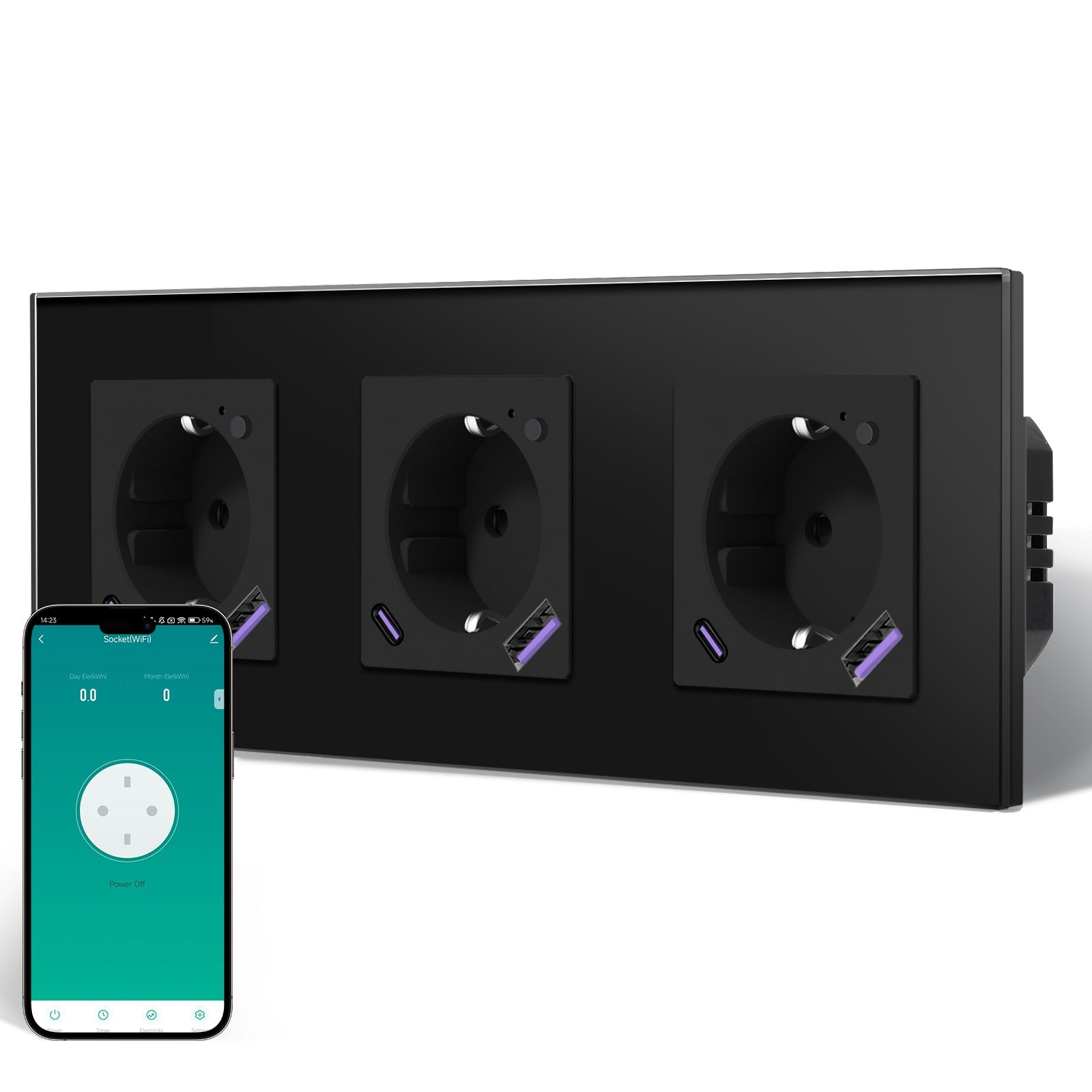 BSEED Echo Wifi Eu Standards Socket with Energy Monitoring Smart wifi Electric Socket Work with Alexa Google Assitant socket Bseedswitch Black Triple 