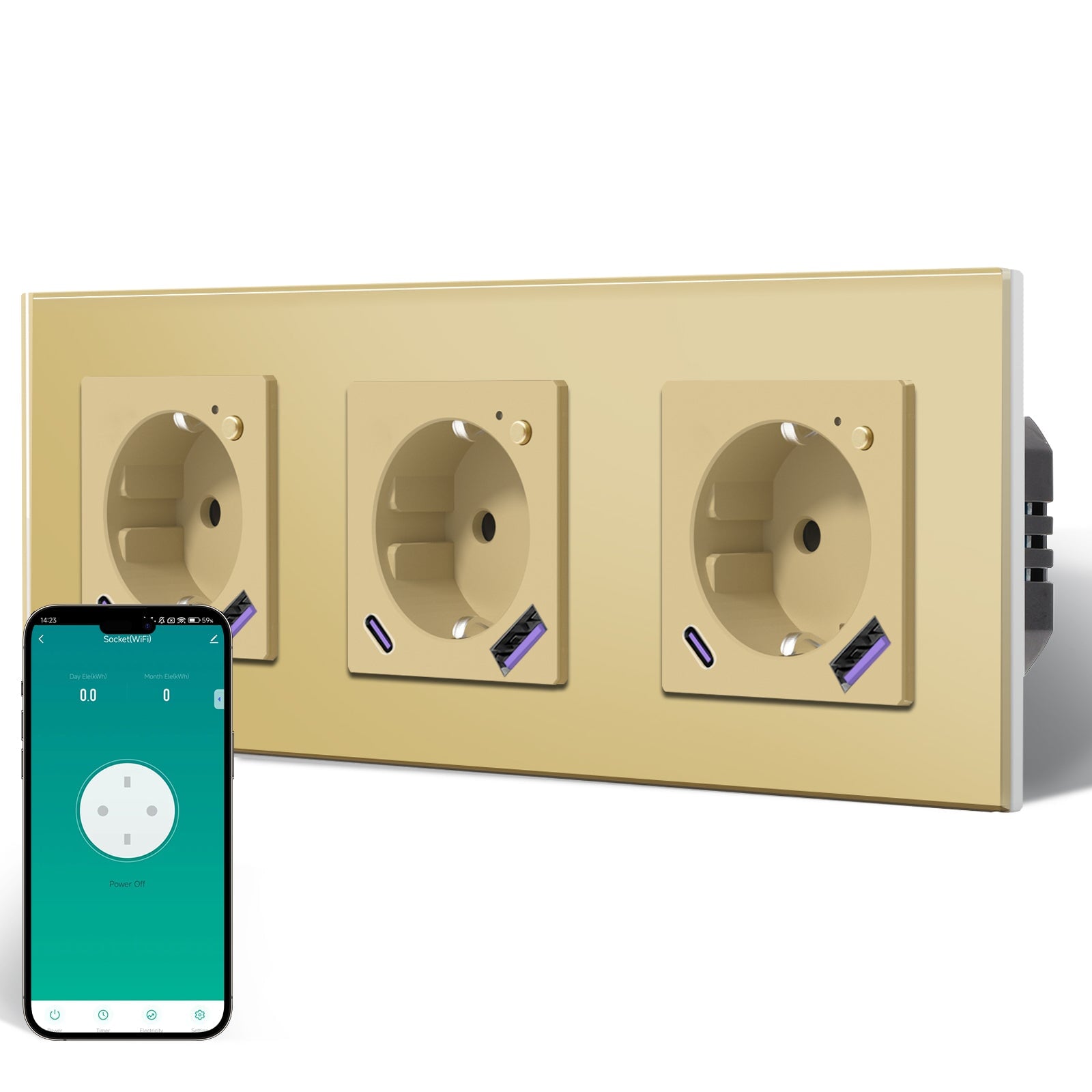 BSEED Echo Wifi Eu Standards Socket with Energy Monitoring Smart wifi Electric Socket Work with Alexa Google Assitant socket Bseedswitch Gold Triple 