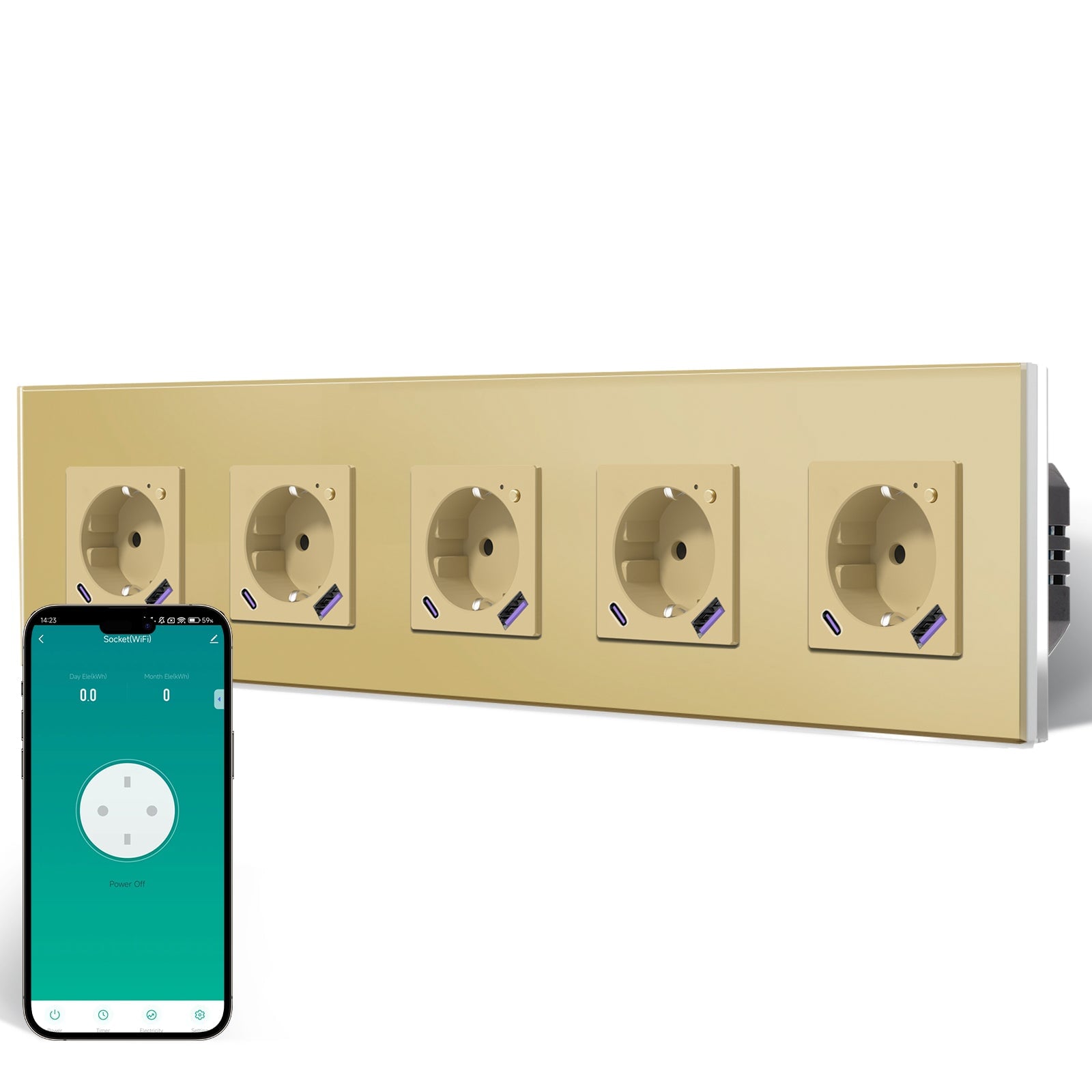 BSEED Echo Wifi Eu Standards Socket with Energy Monitoring Smart wifi Electric Socket Work with Alexa Google Assitant socket Bseedswitch Gold Quintuple 