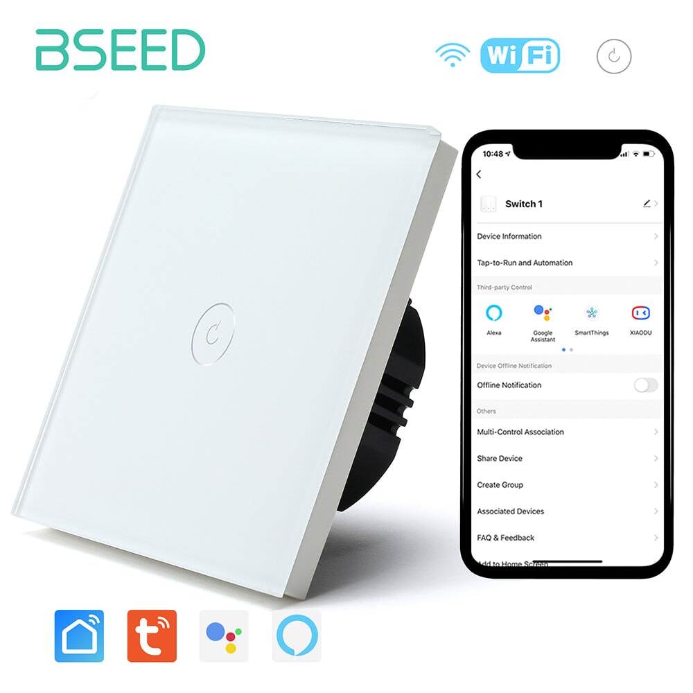 Bseed Smart Wifi Touch Switch 1 Gang 1/2/3 Way Wall Plates & Covers Bseedswitch White 1Pcs/Pack 