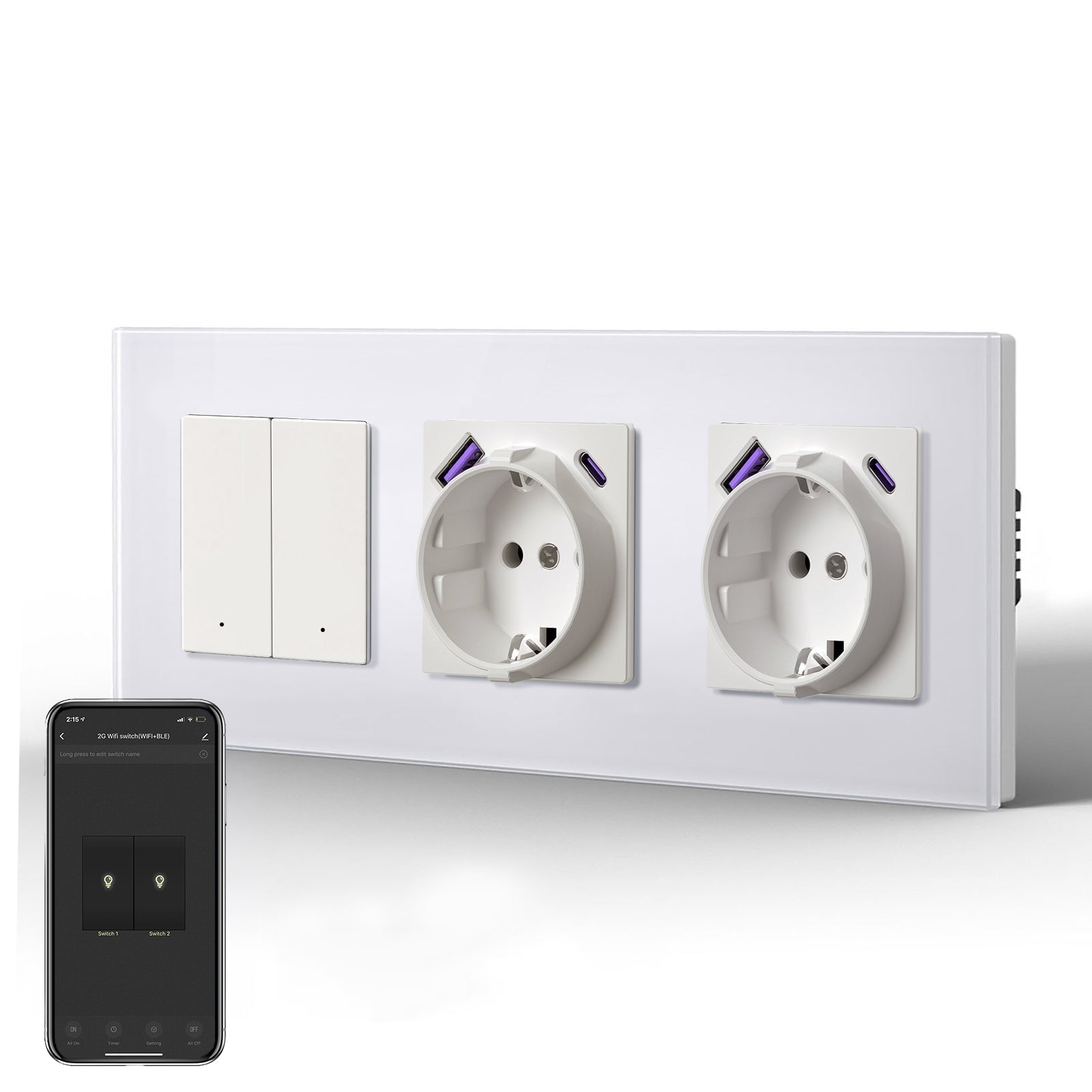 Echo Series Smart Wifi Switch With Double EU Socket with 20W usb type-c port 228mm Power Outlets & Sockets Bseedswitch White 2 Gang 